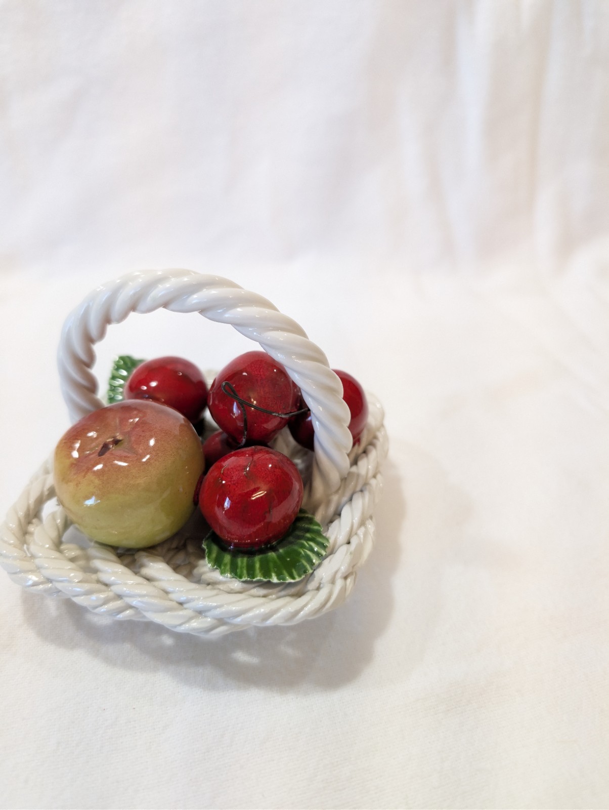 Vintage LANZARIN Ceramic Cherries Apple Fruit Basket Italy White Basket Handle