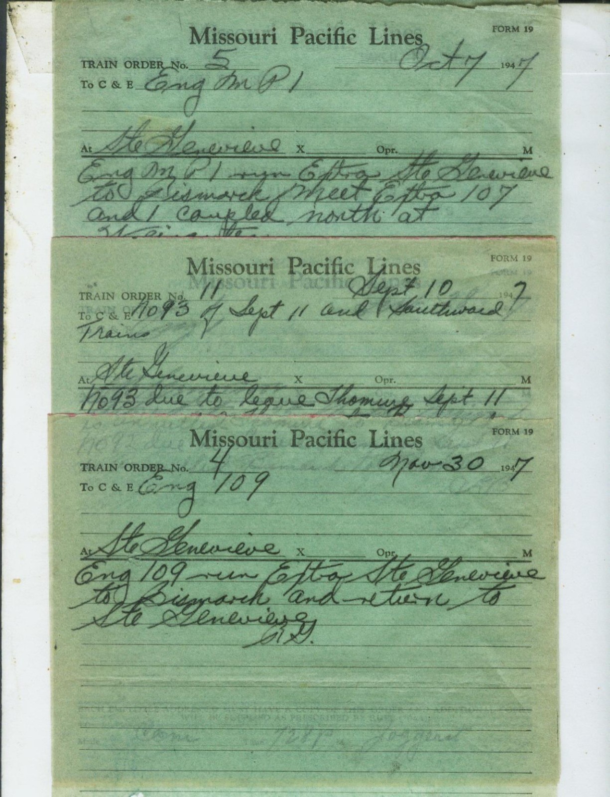 MISSOURI-ILLINOIS R.R. TRAIN ORDERS (10) STE. GENEVIEVE, MISSOURI  1946-1967.