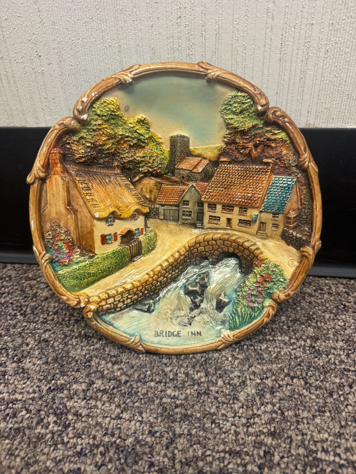 Vintage 3D Wall Chalkware Plaque 1950 Bristol Artware - The Bridge Inn