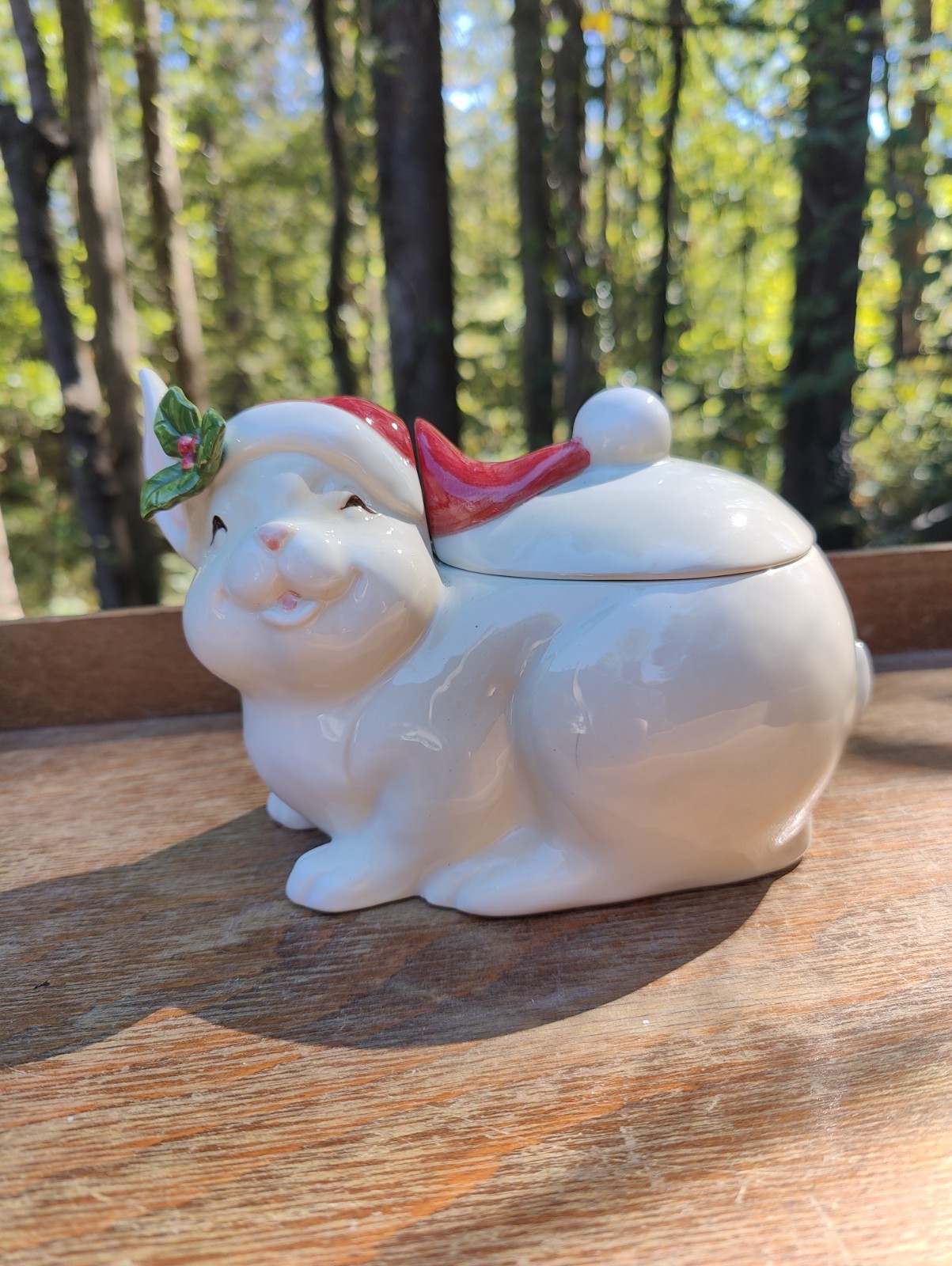Fitz & Floyd Kato Kogei Happy Christmas Rabbit Cookie Candy Jar 1984 READ