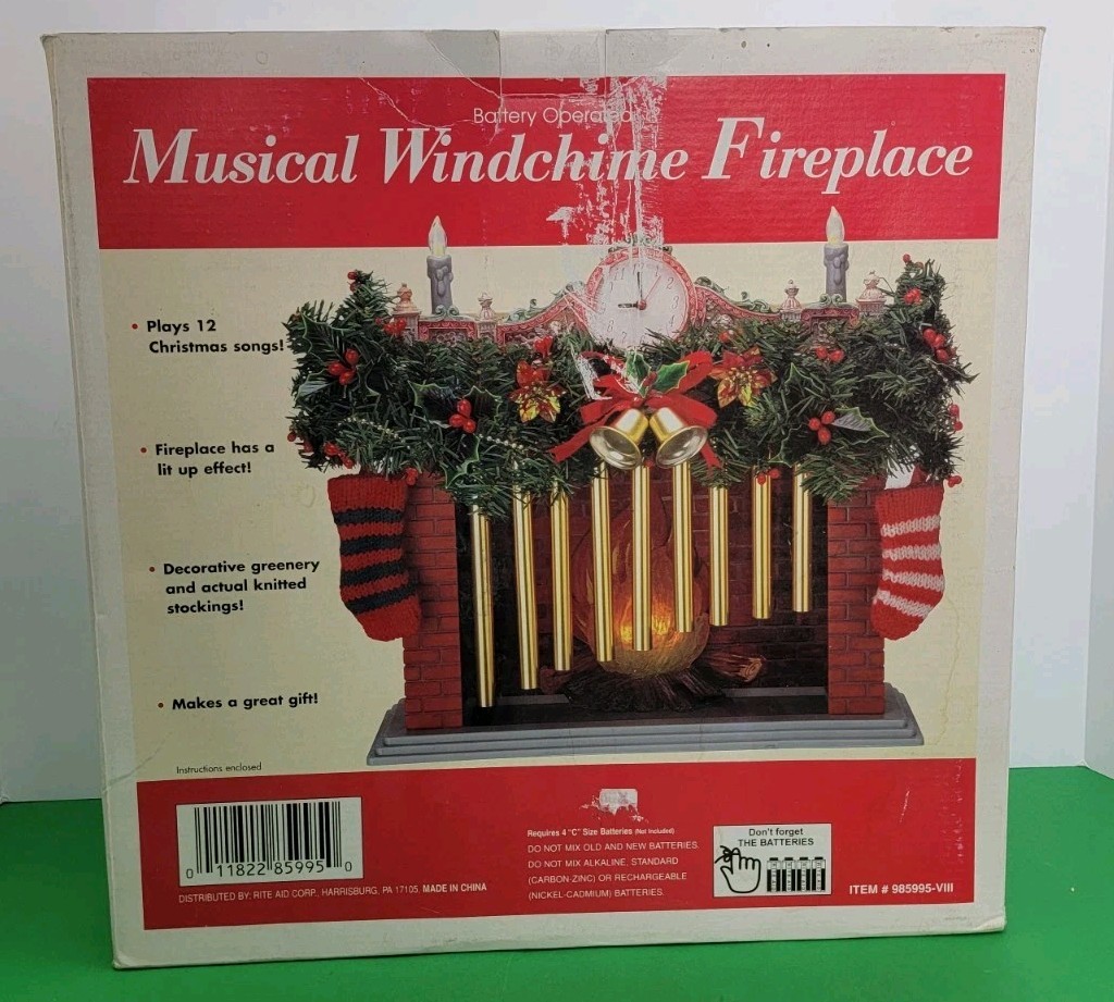 Vintage Musical Fireplace Animated Christmas Chimes. 12 Songs, Battery Operated 