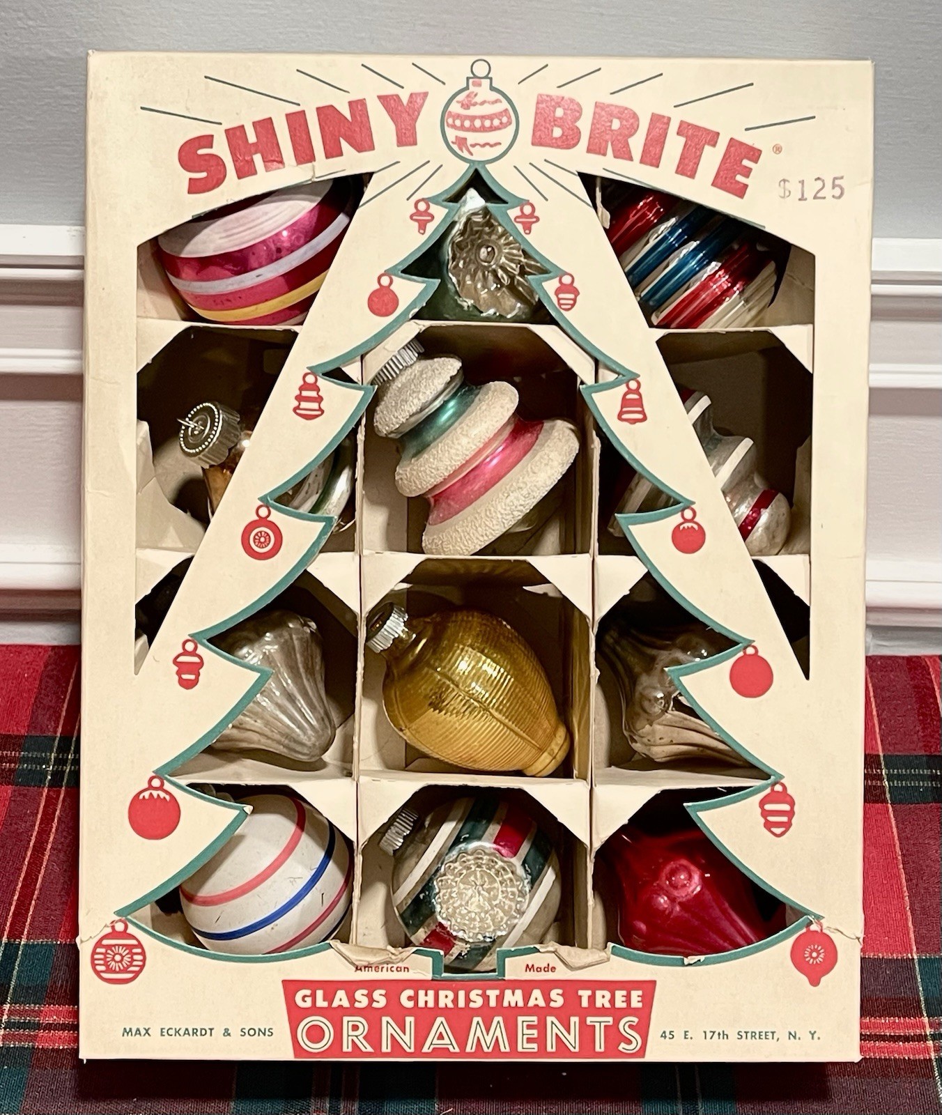 Vtg Shiny Brite Mercury Glass Christmas Ornaments Set Of 12- UFO Tops Mica Boxed