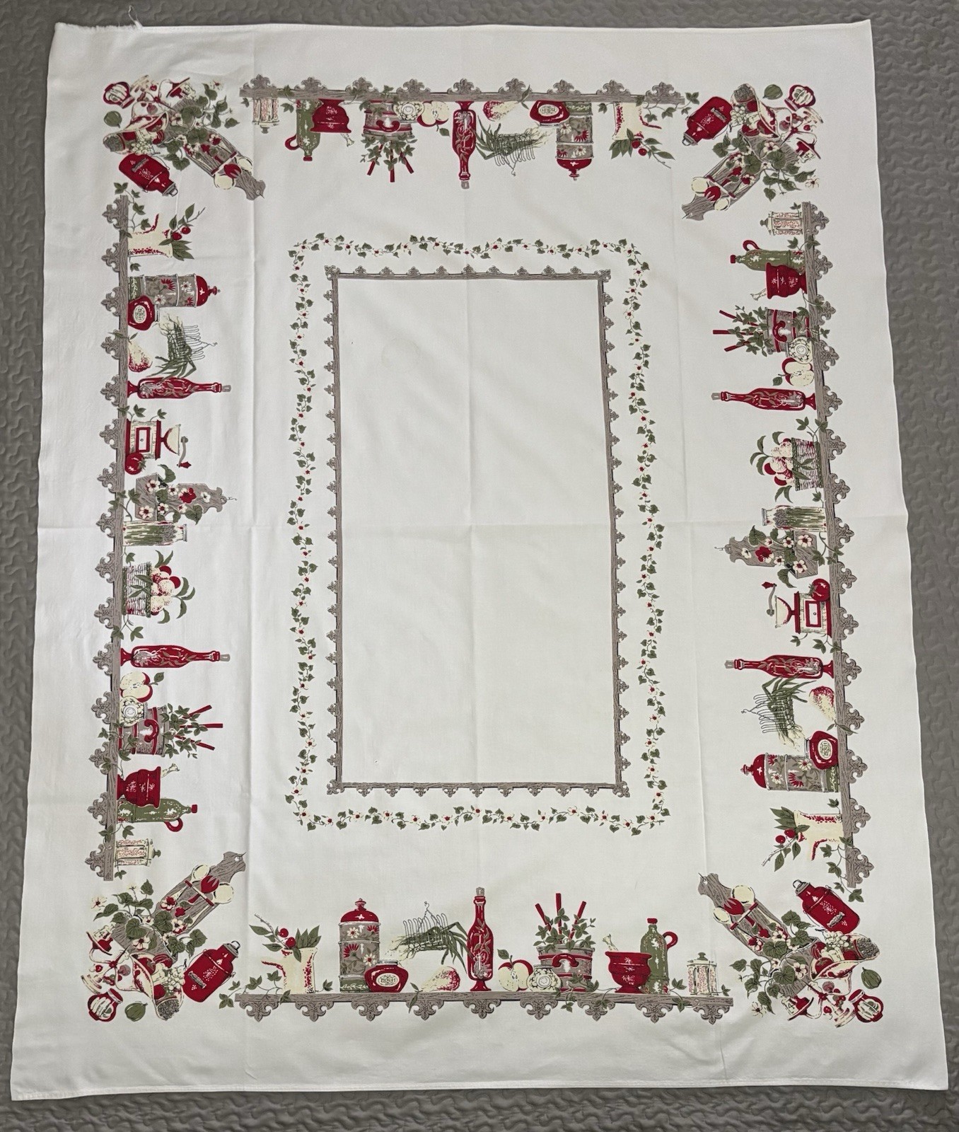 Vintage MCM Tablecloth Red Green Farmhouse Utensils Floral Print Cotton 63x50”