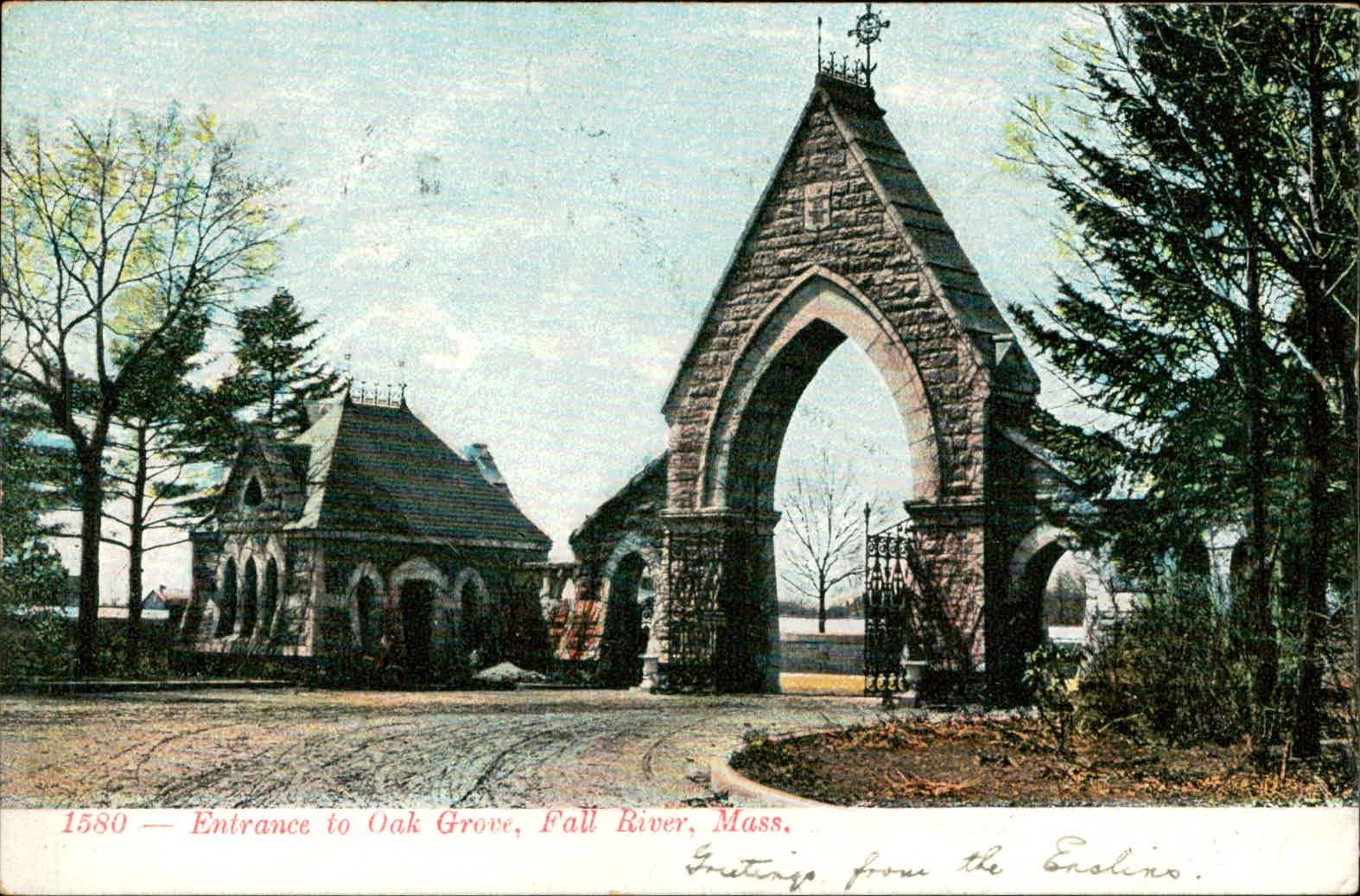 Postcard Postcard of Oak Grove entrance, Fall River, MA. Postcard Postcard of Oak Grove entrance, Fall River, MA.