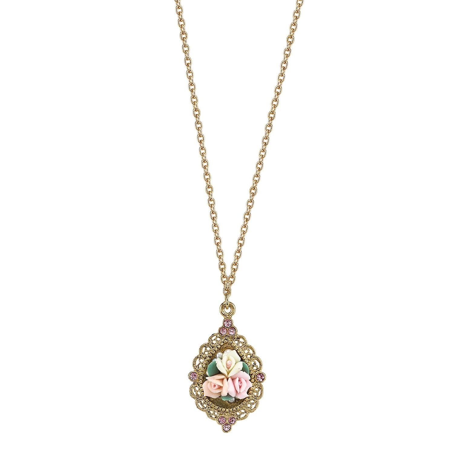 1928 Jewelry Pink Crystal Porcelain Rose Pendant Necklace, 16–19\ 1928 Jewelry Pink Crystal Porcelain Rose Pendant Necklace, 16–19\