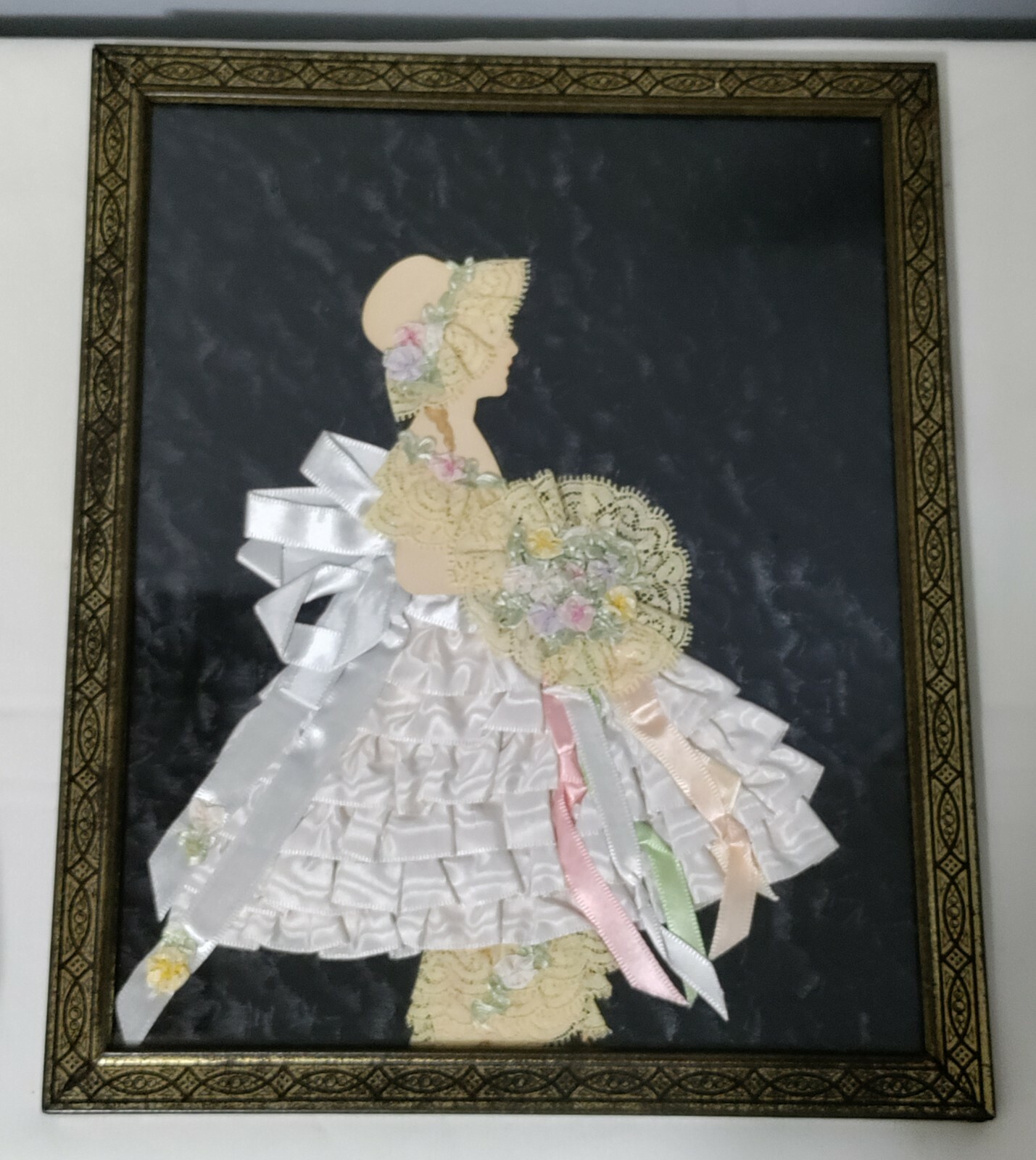 Vtg 1930s Art Deco Ribbon Paper Doll Silhouette Frame Silk Lace Dress Art Piece