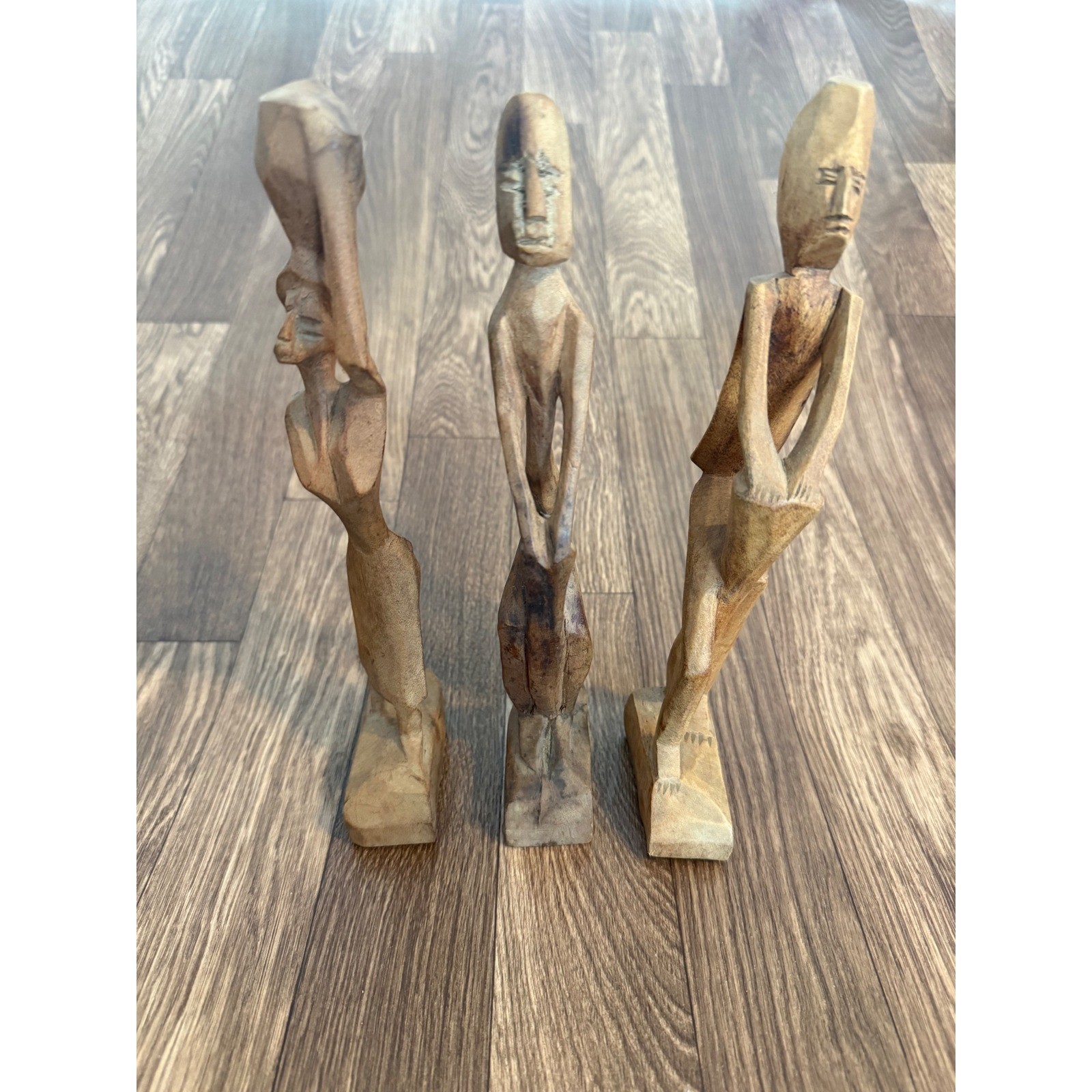Vintage Hand Carved African Tribal Wood Statues Set of 3 Folk Art Sculptures