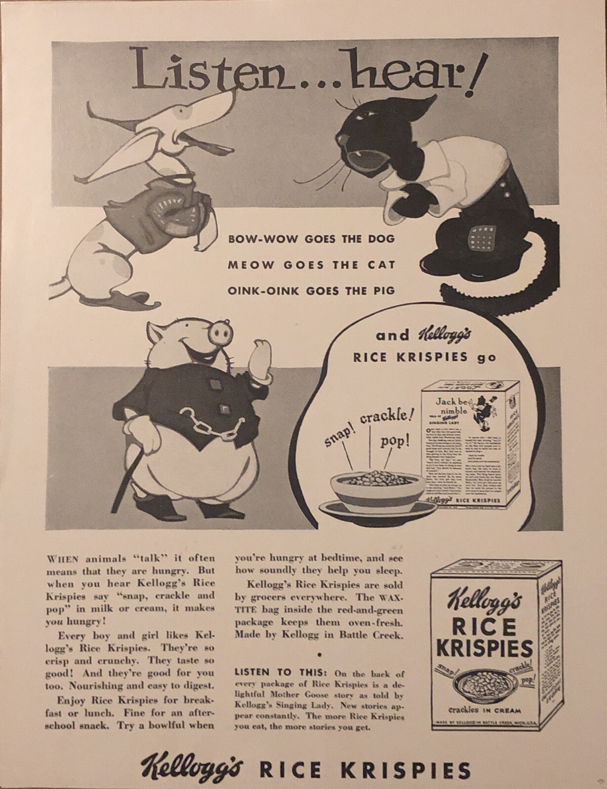 1935 Kelloggs Rice Krispies Cereal PRINT AD Crackles Cream - Dog Cat Pig VTG 30s 1935 Kelloggs Rice Krispies Cereal PRINT AD Crackles Cream - Dog Cat Pig VTG 30s