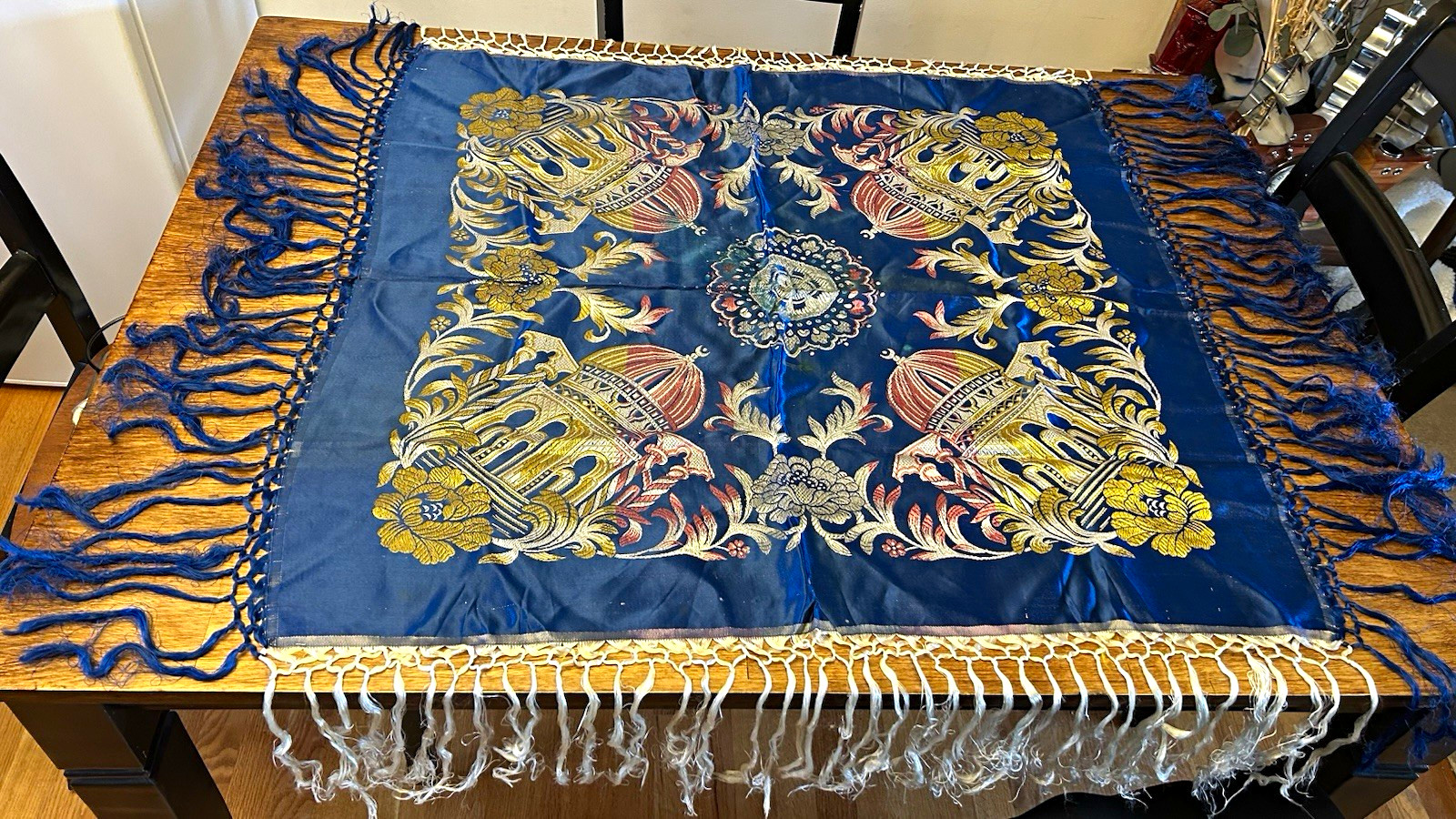 Beautiful Vtg Taj Mahal Piano Shawl Scarf Tablecloth Silk W Fringe Mulitcolor