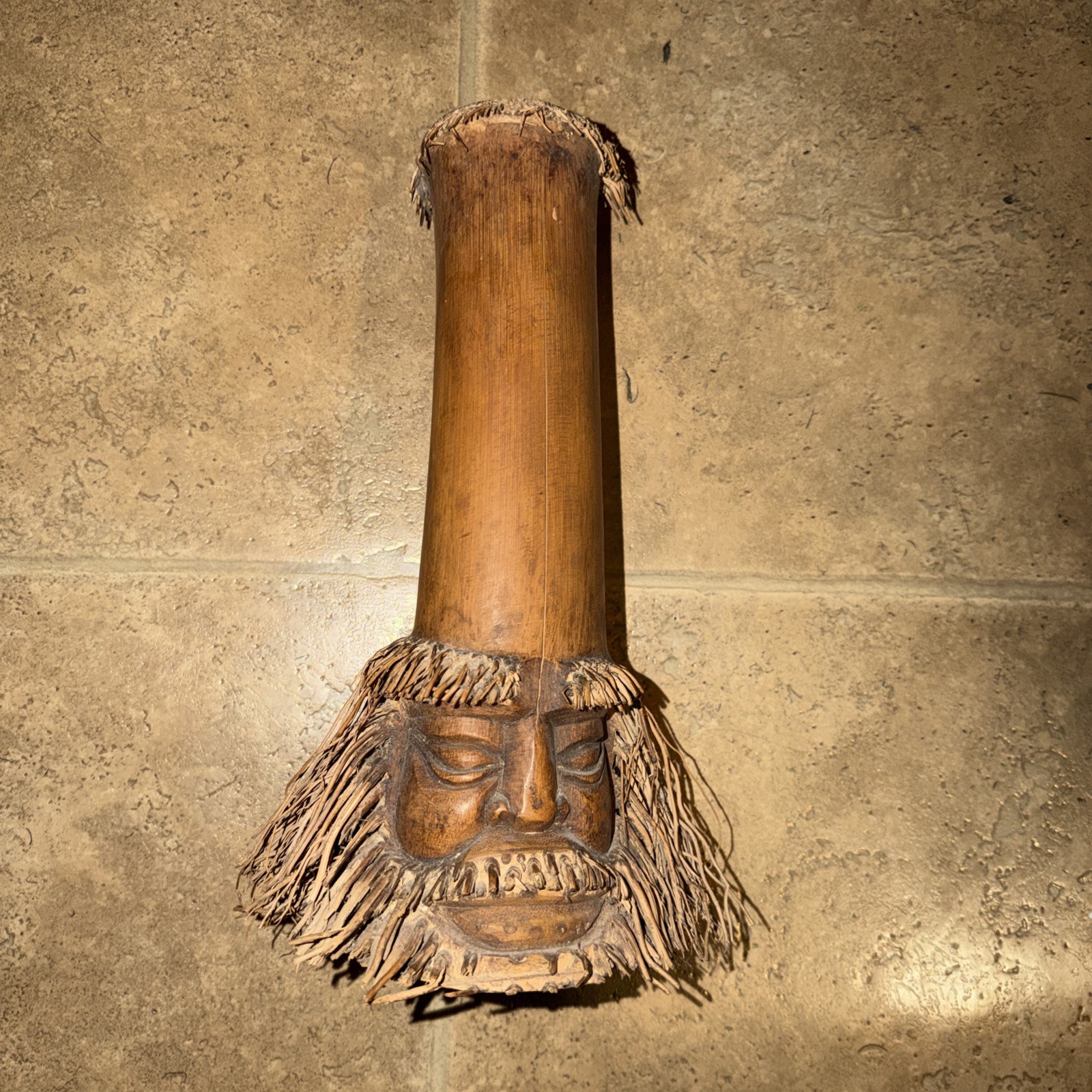 Vintage Chinese Bamboo Root Hand Carved Folk Art Wall Mask Bearded Man 14”