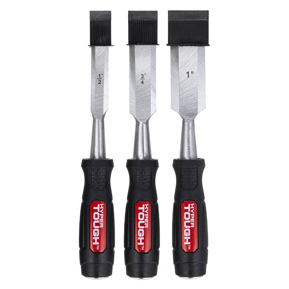 3 Piece Wood Chisel Set with Metal Striking Caps for Woodworking and Carving