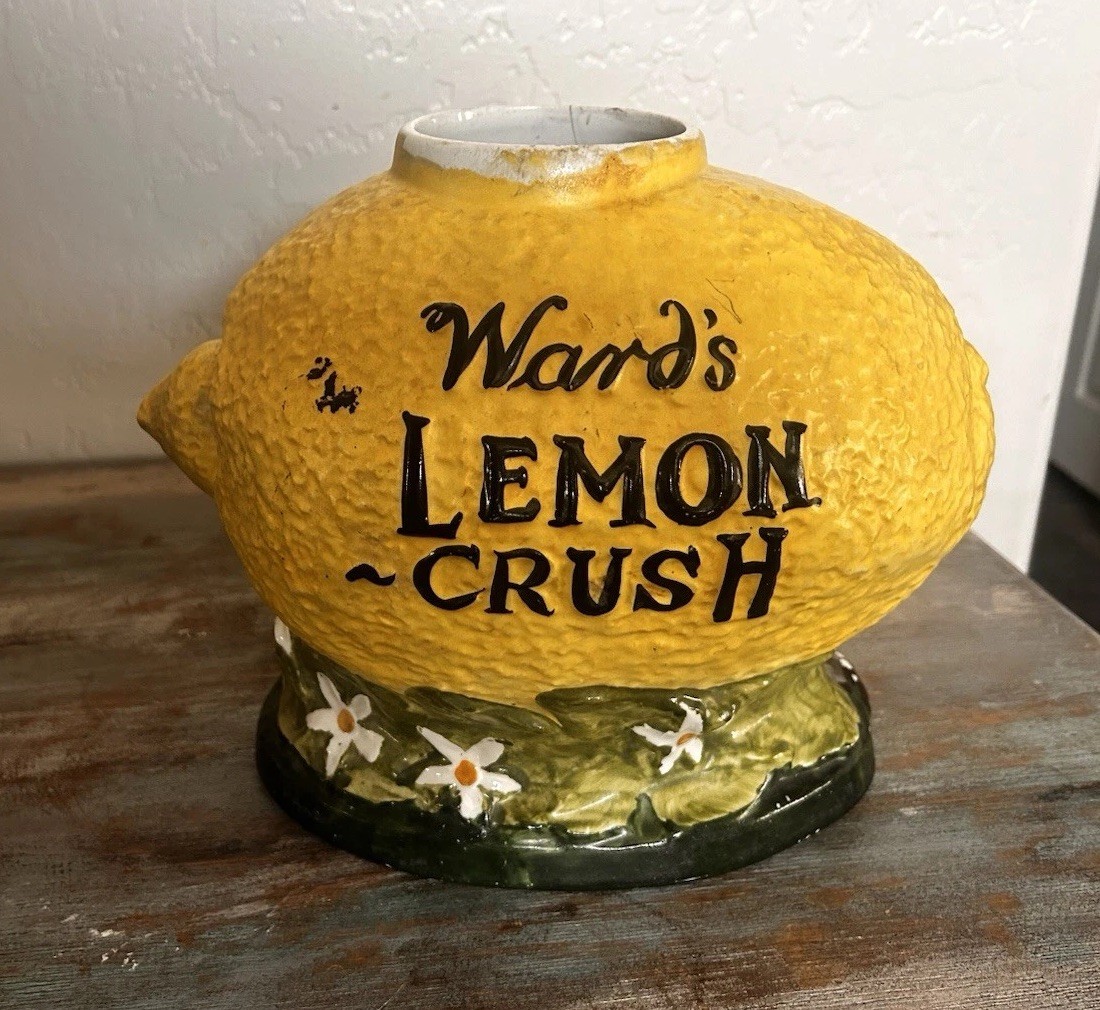 Rare Antique Ward\'s Lemon Crush Ceramic Syrup Dispenser 1920\'s