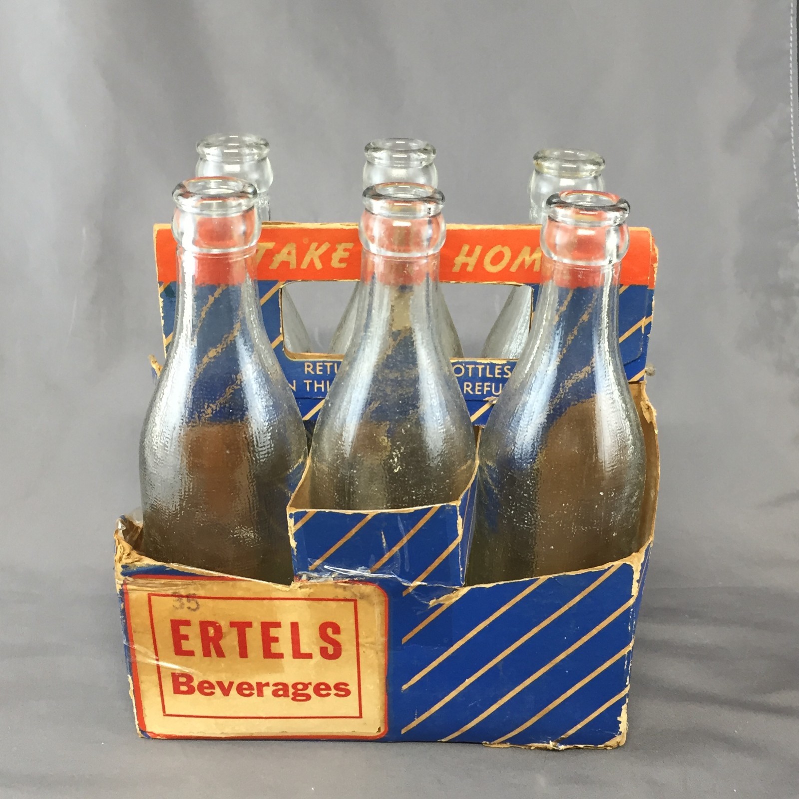 VTG Set of 6 Ertels Glass 7 ounce Soda Bottles in Cardboard Carrier, Tipton IN