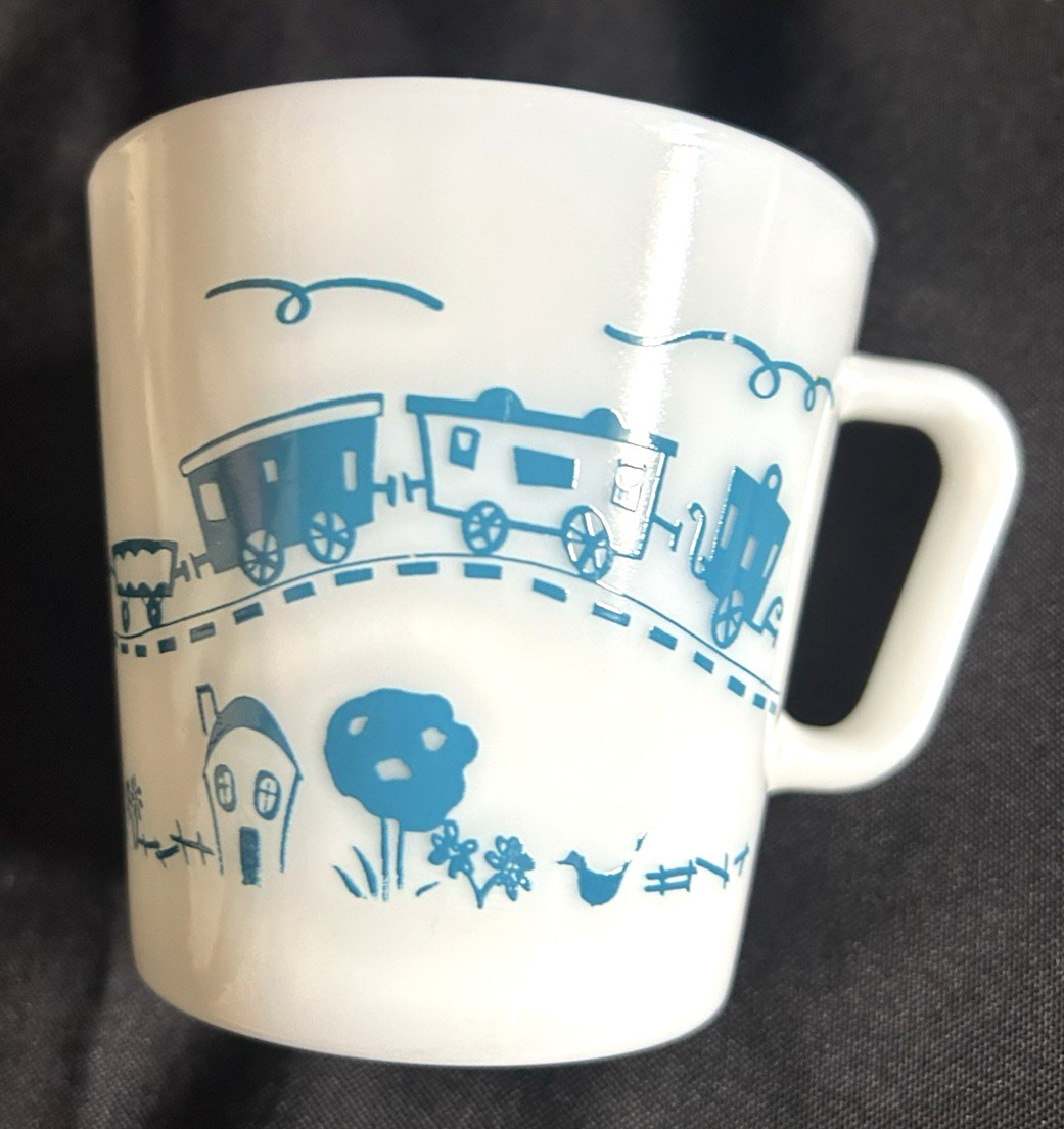 Vintage 1960\'s Pyrex Blue Train Children\'s White Milk Glass Mug