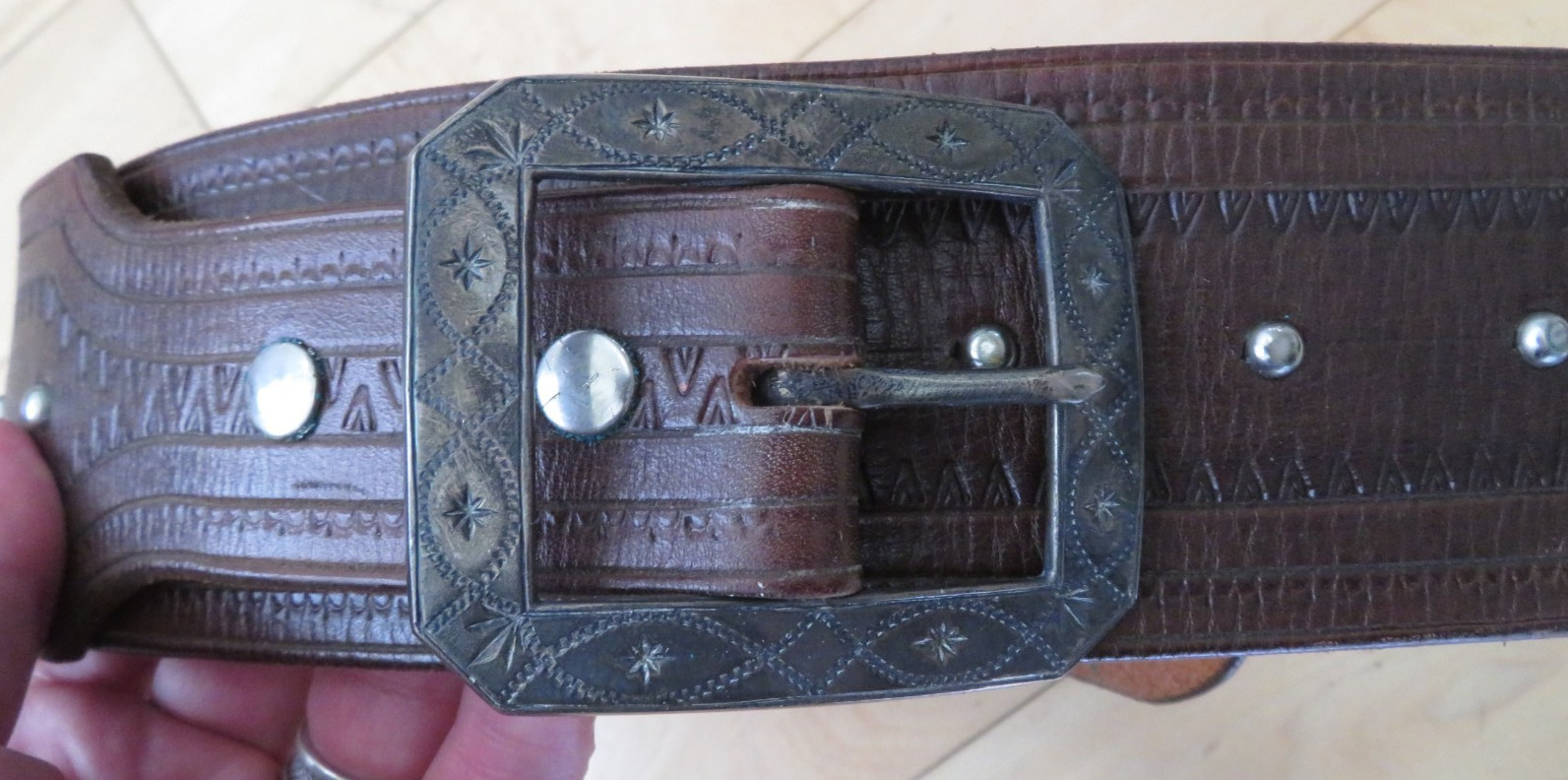 Rare Vtg F. Schultz Western Leather Belt w/ Sterling Silver Belt Buckle 41\
