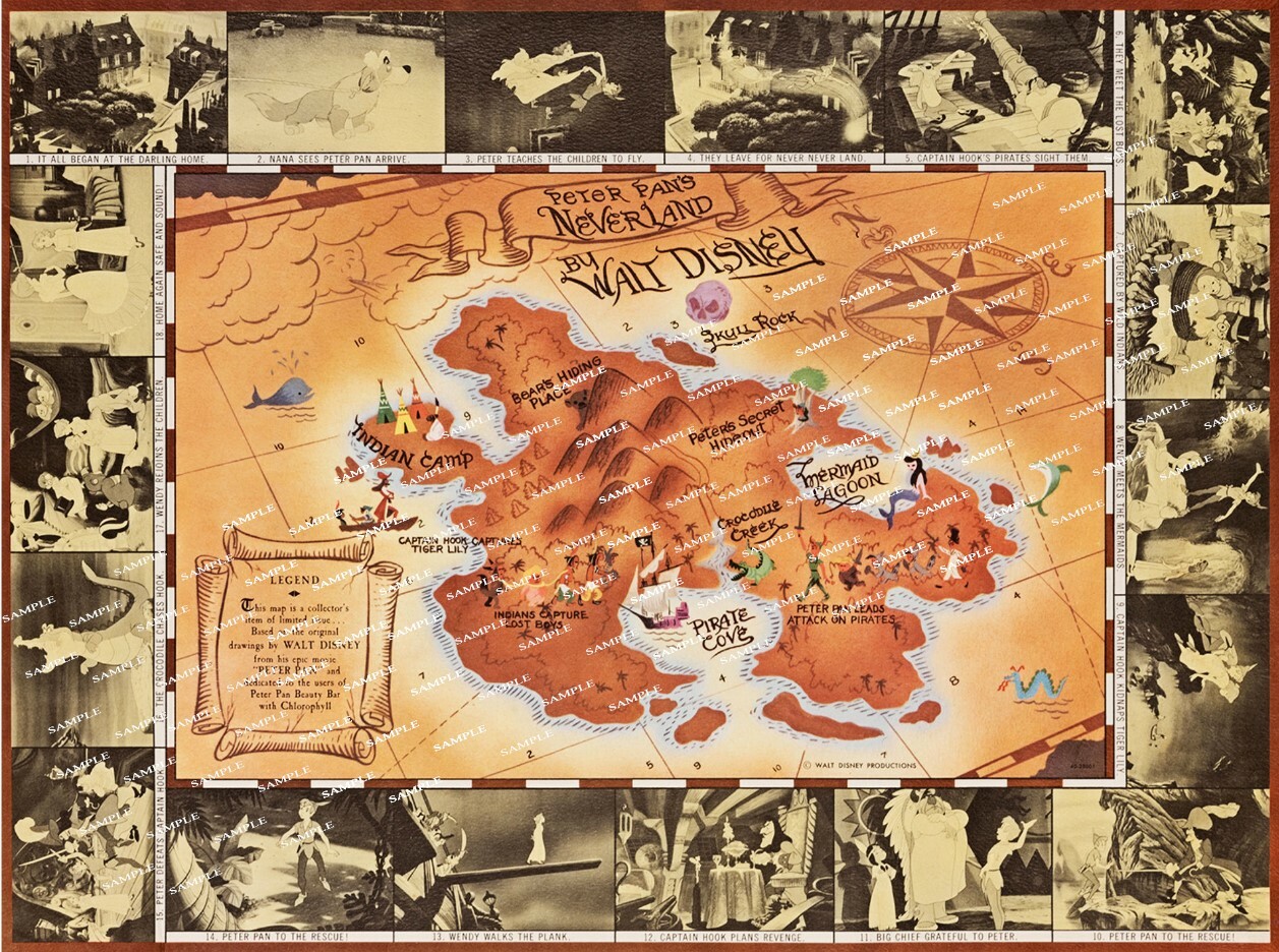 1953 Walt Disney Peter Pan 11 x 14.5 Promotional Map of Neverland Poster 1953 Walt Disney Peter Pan 11 x 14.5 Promotional Map of Neverland Poster