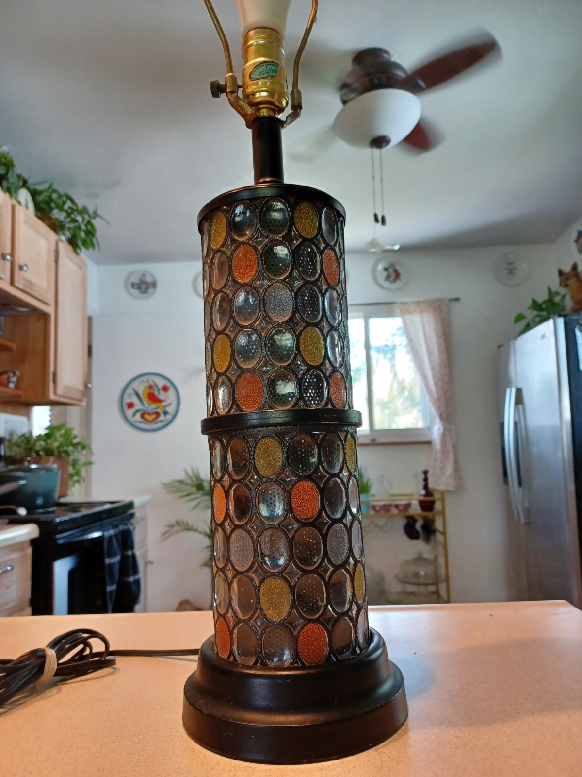 RARE Vintage MCM Higgins Style Fused Glass & Black Enamel Lamp w/night Light RARE Vintage MCM Higgins Style Fused Glass & Black Enamel Lamp w/night Light