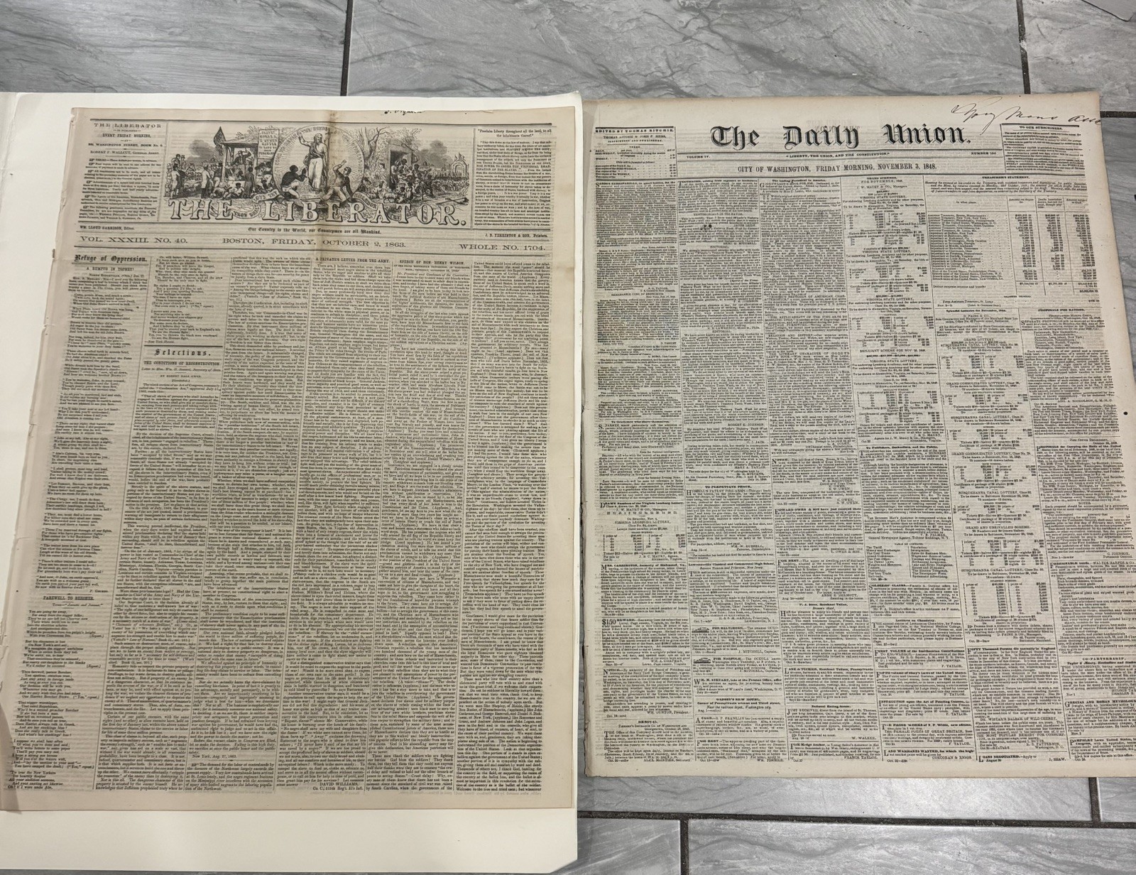 The Liberator Boston Oct 2 1863 & The Daily Union Washington Nov 3 1865