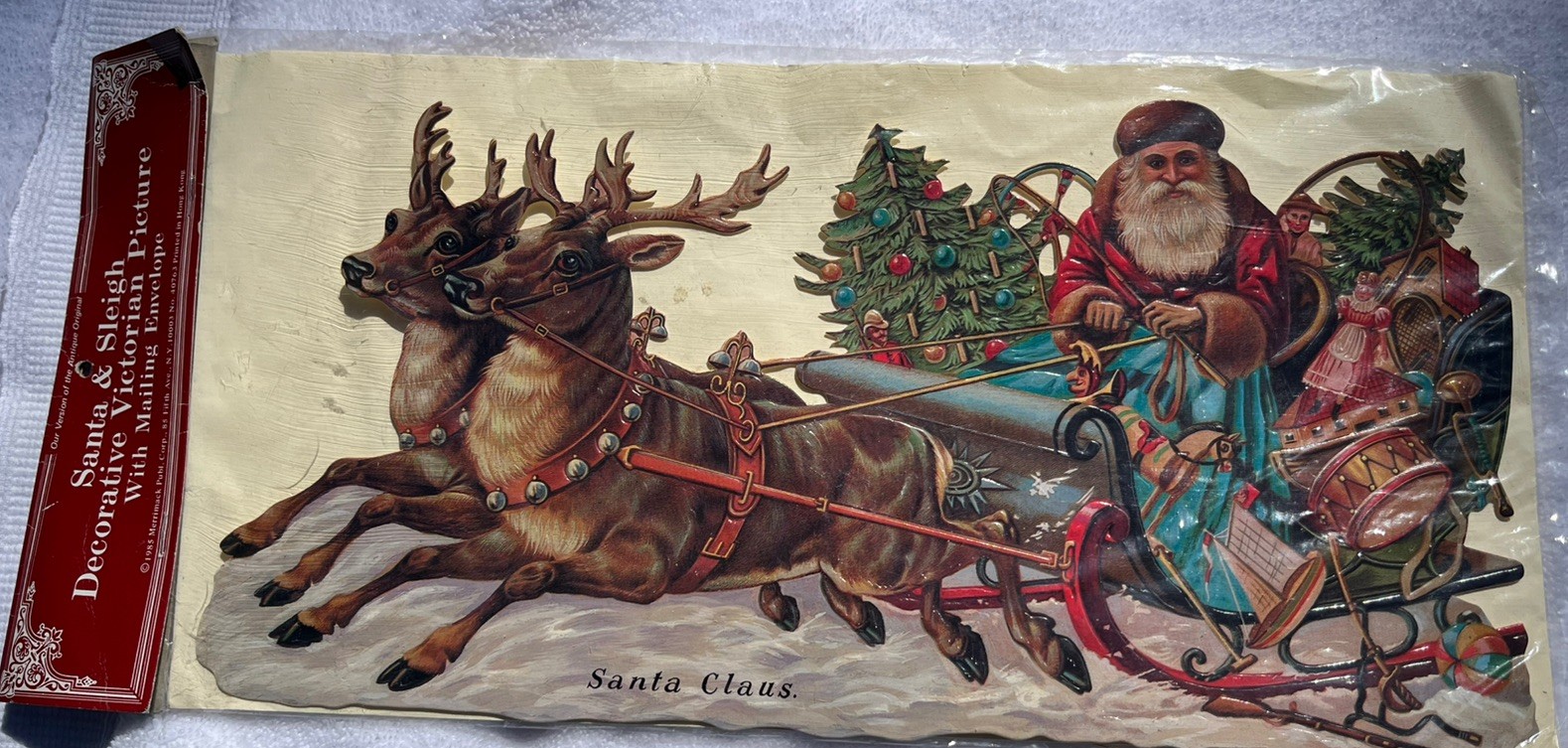 Vintage 1985 Merrimack Santa and Sleigh Victorian picture Die Cut 14”x7” NOS