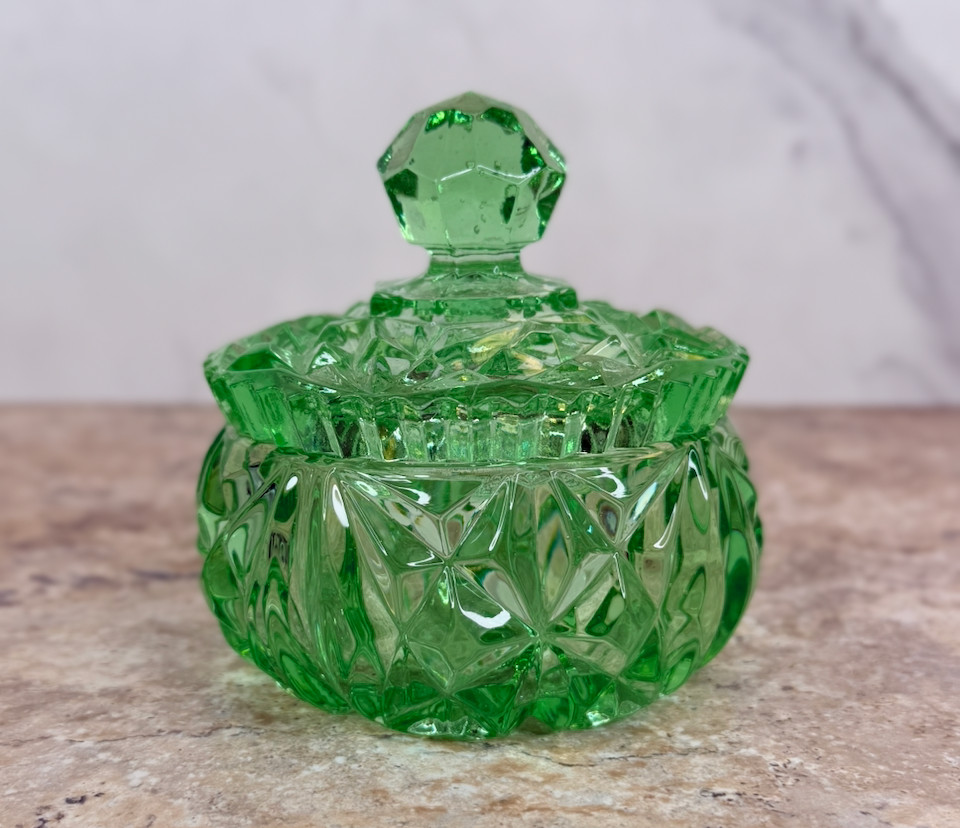 1930s Czech Art Deco Uranium Glass Vanity Jar with Lid