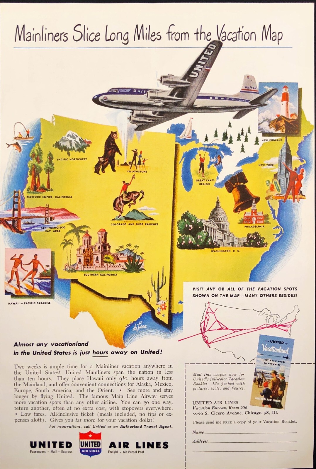 1949 United Air Lines US Mainliner Vacation Map Vintage Print Ad