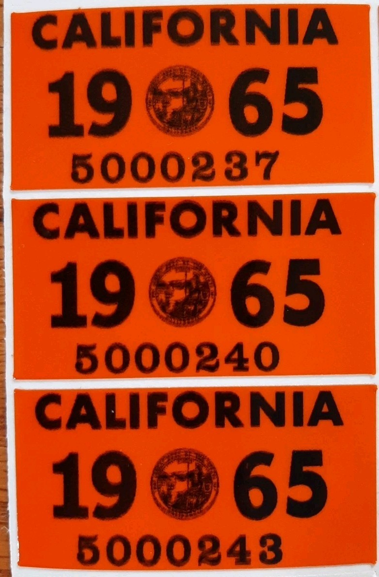 1965 California YOM license plate sticker, DMV, CAL, Registration (One)