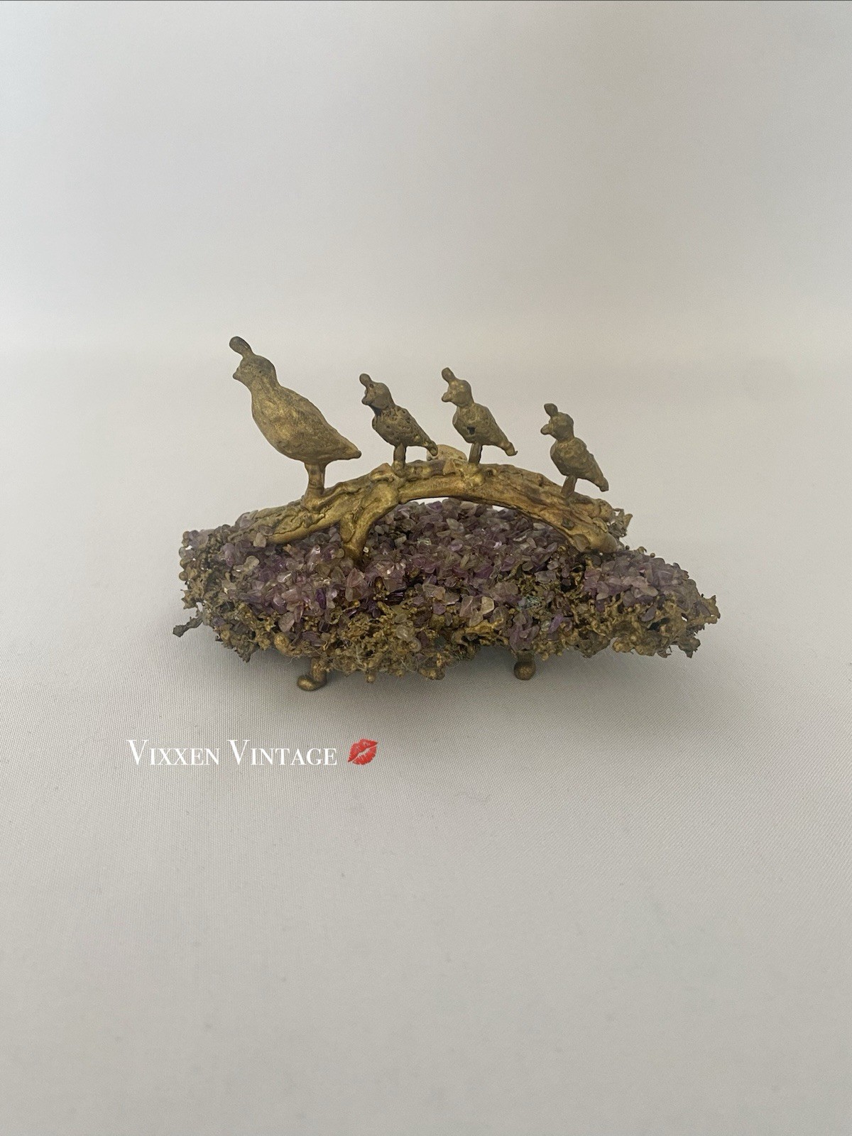 VINTAGE 1970'S GILT BRONZE & AMETHYST QUAIL FAMILY SCULPTURE FIGURINE VINTAGE 1970'S GILT BRONZE & AMETHYST QUAIL FAMILY SCULPTURE FIGURINE