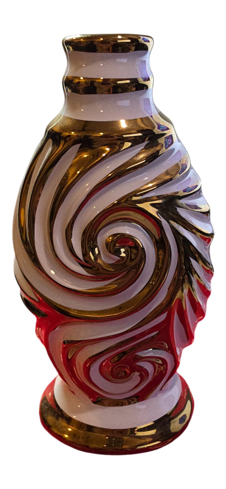 Vintage Swirl Gold & Red Decorative Vase – 8” Tall Ceramic Art Piece – Excellent