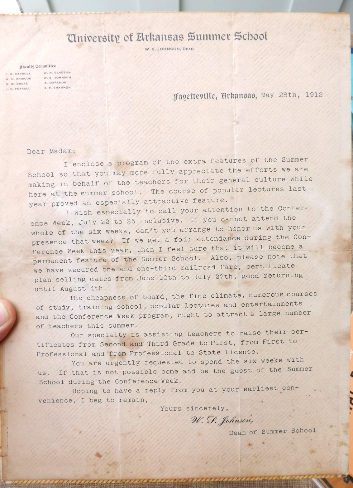 ANTIQUE 1912 LETTER FROM UNIVERSITY OF ARKANSAS SUMMER SCHOOL DEAN JOHNSON ANTIQUE 1912 LETTER FROM UNIVERSITY OF ARKANSAS SUMMER SCHOOL DEAN JOHNSON