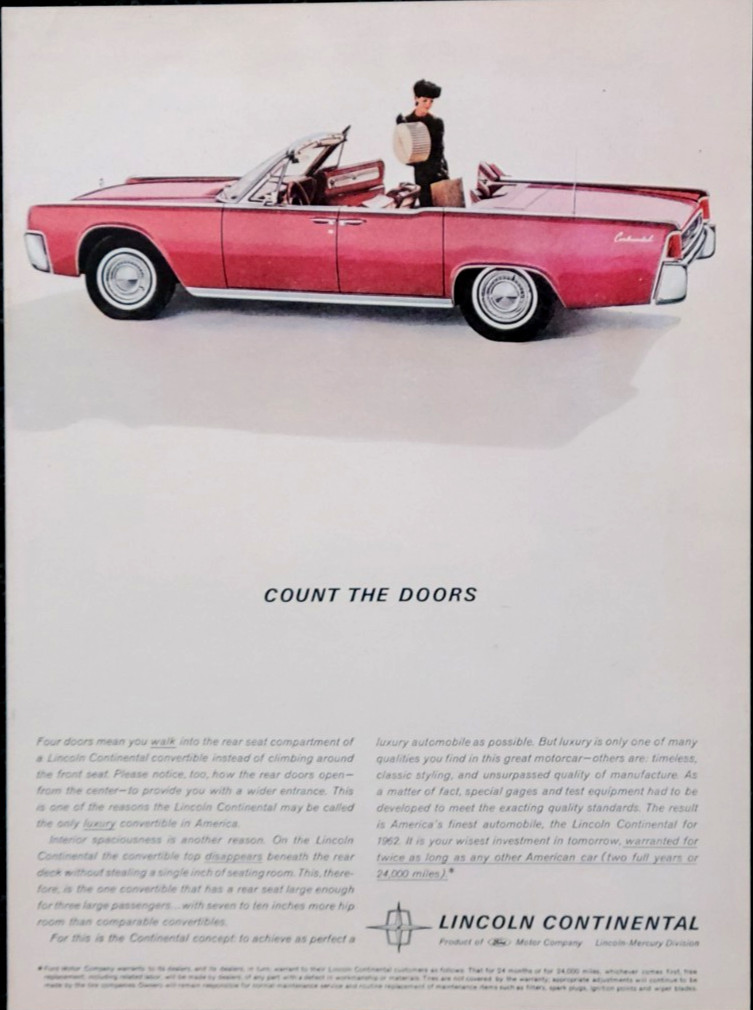 Lincoln Continental Original 1962 Vintage Print Ad Wall Art