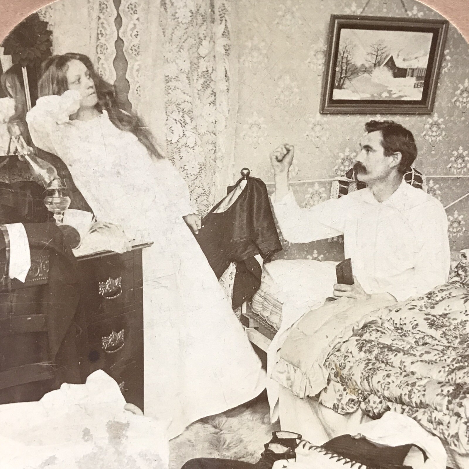 Husband Catches Wife Stealing Wallet 1899 Vintage Stereograph Stereoview Card 3D