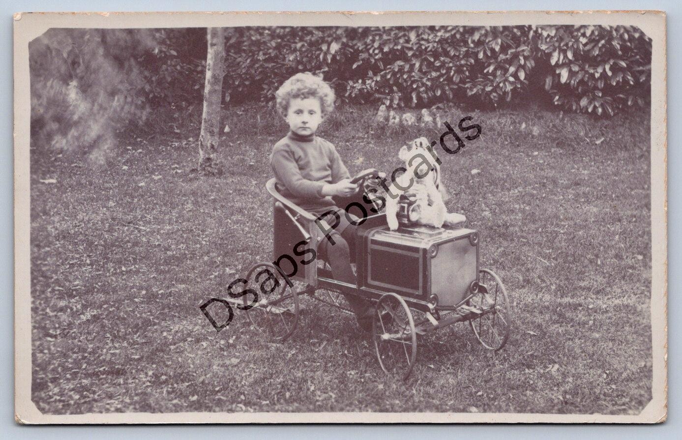 K60/ Interesting RPPC Postcard c1910 Cute Boy Pedal Car Teddy Bear 261
