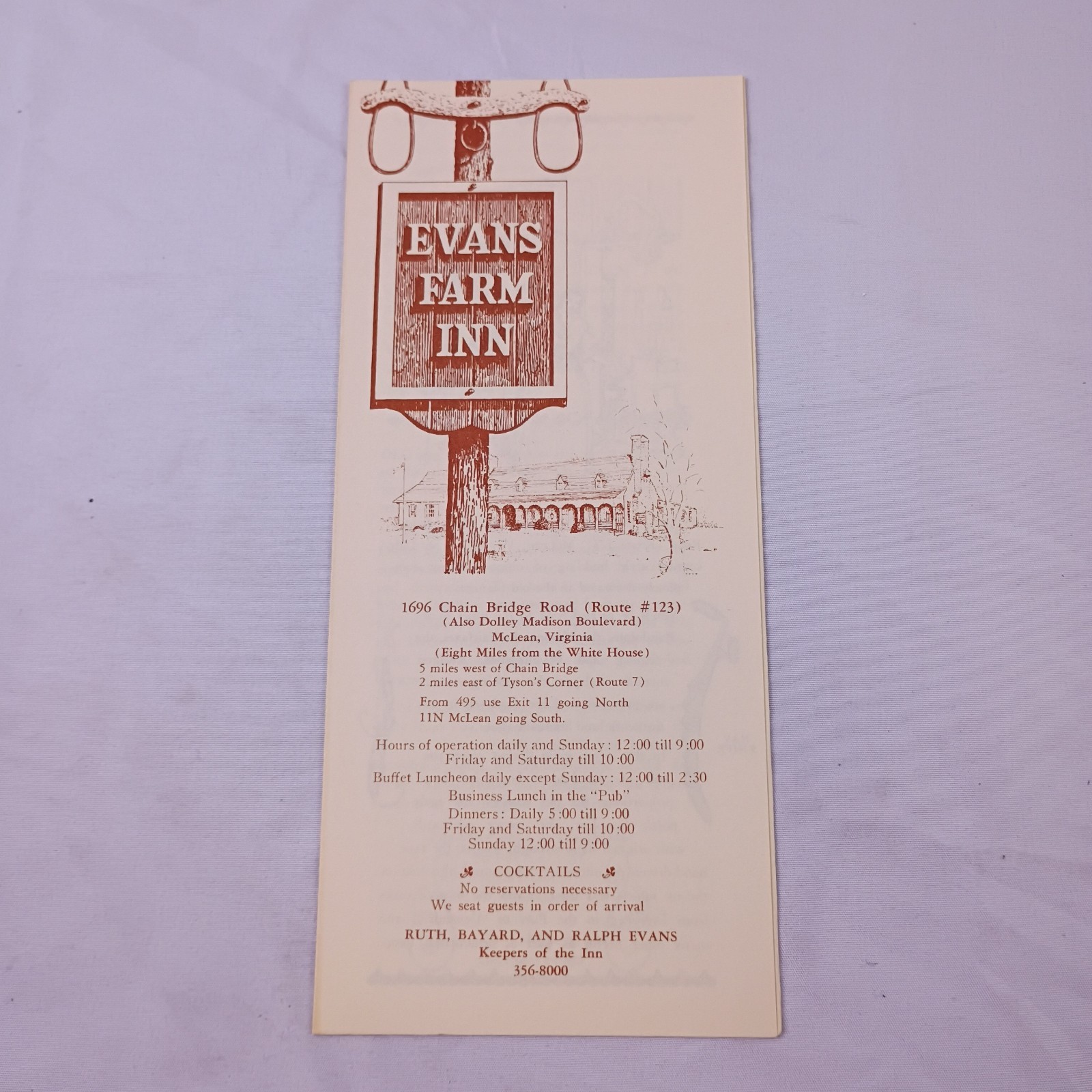 Evans Farm Inn McLean, VA Tri-Fold Brochure c1950s Colonial Dining Vintage 
