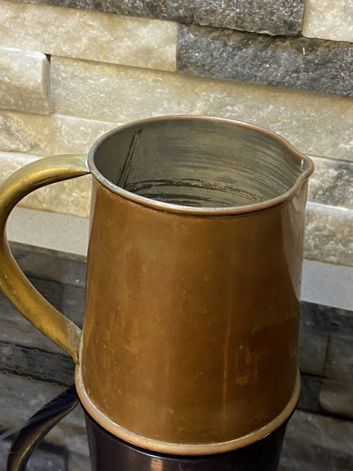Vintage C 19th century handmade  copper measure pitcher Brass Handle