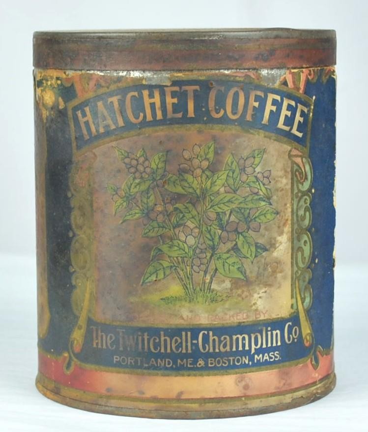 RARE HATCHET HIGH GRADE COFFEE TIN CAN 1LB. - THE TWITCHELL CHAMPLIN CO c1920\'s