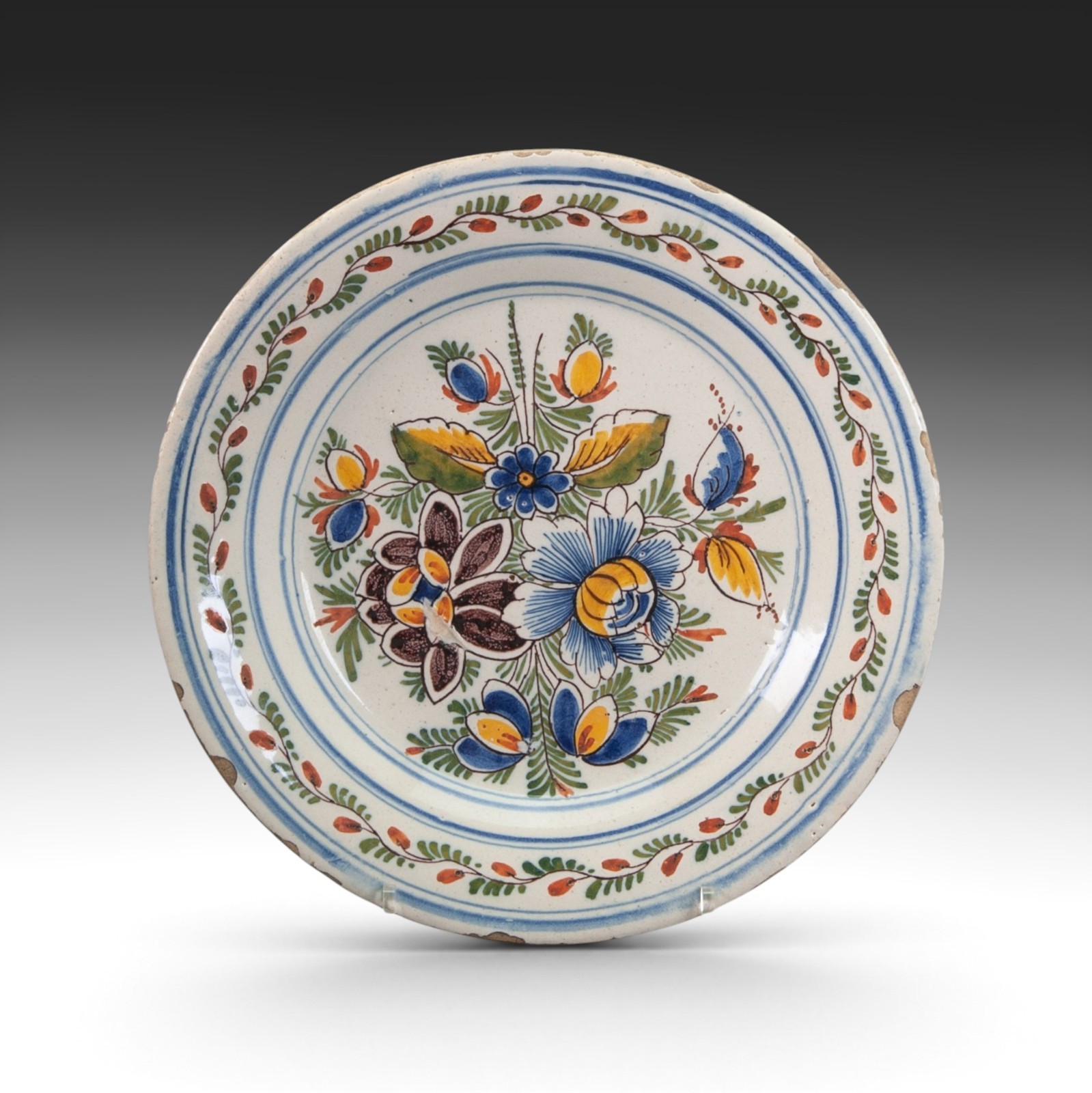 Antique Dutch Delft Polychrome Plate – Floral Decoration, Late 18th Century.