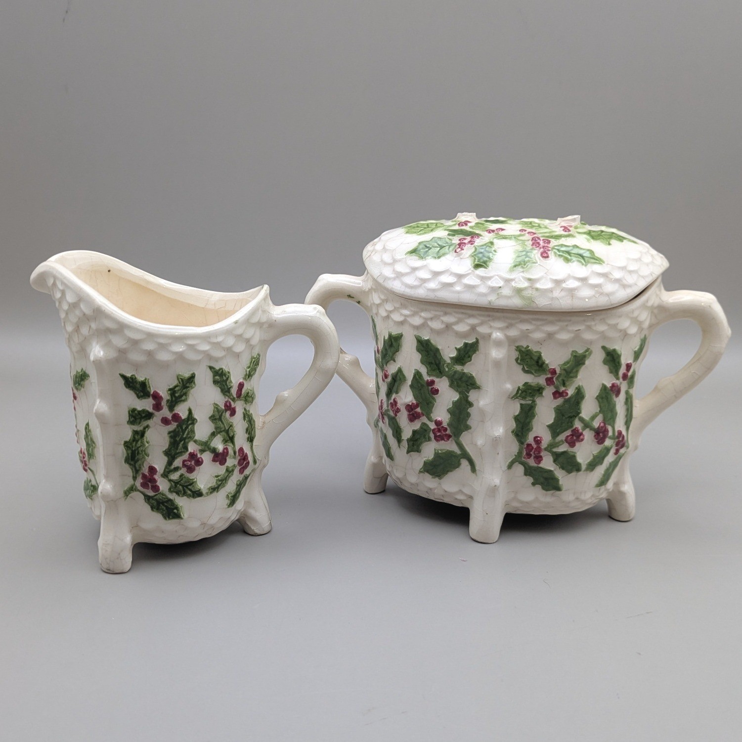 Vintage H.M. Martin 1952 Hand Painted Holly Berry Creamer and Sugar Set As Is