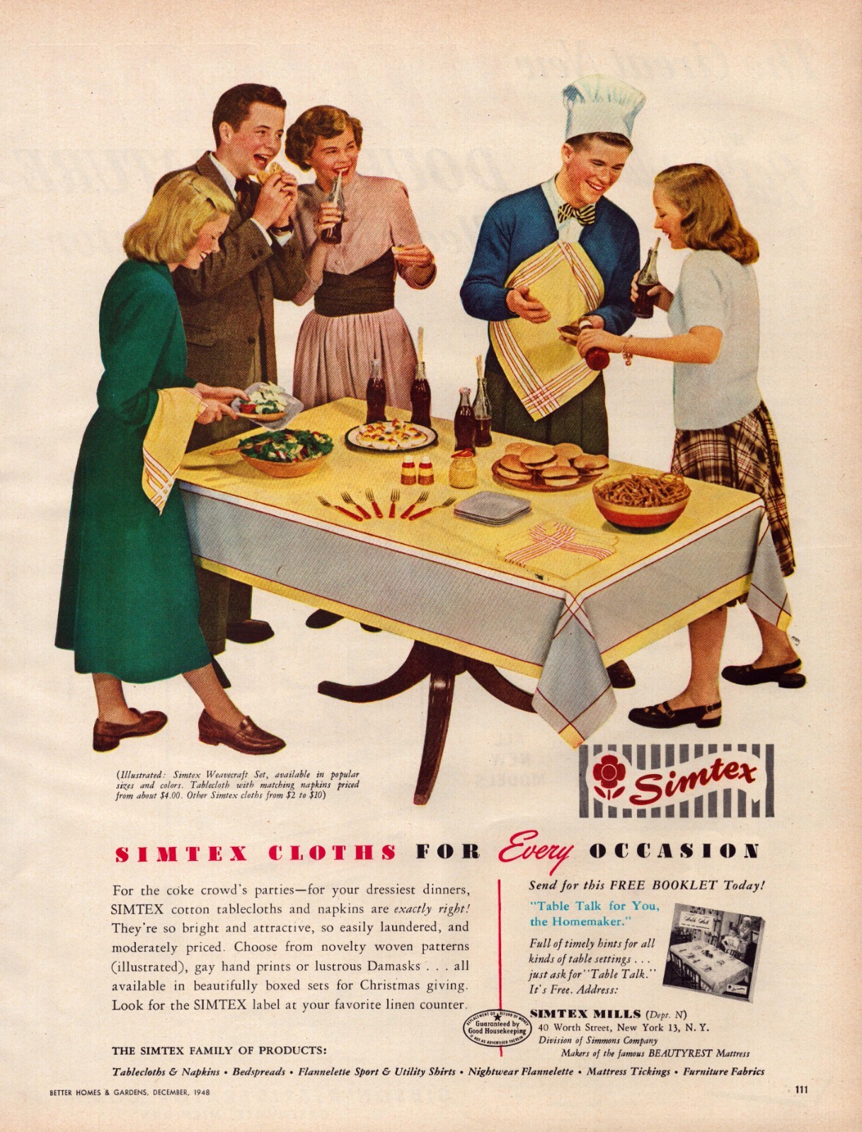 1948 Simtex Tablecloths Vintage Print Ad Buffet Dinner Party Barbeque BBQ Cola