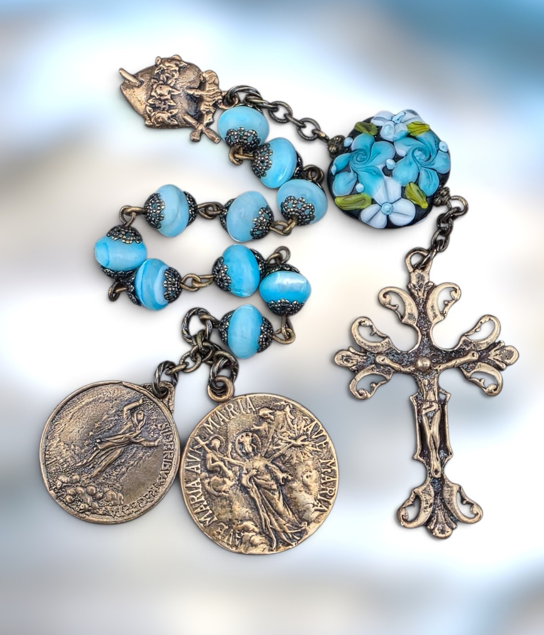 Assumption of Mary Queen of Heaven Chaplet -Heirloom Bronze Aqua Mother of Pearl