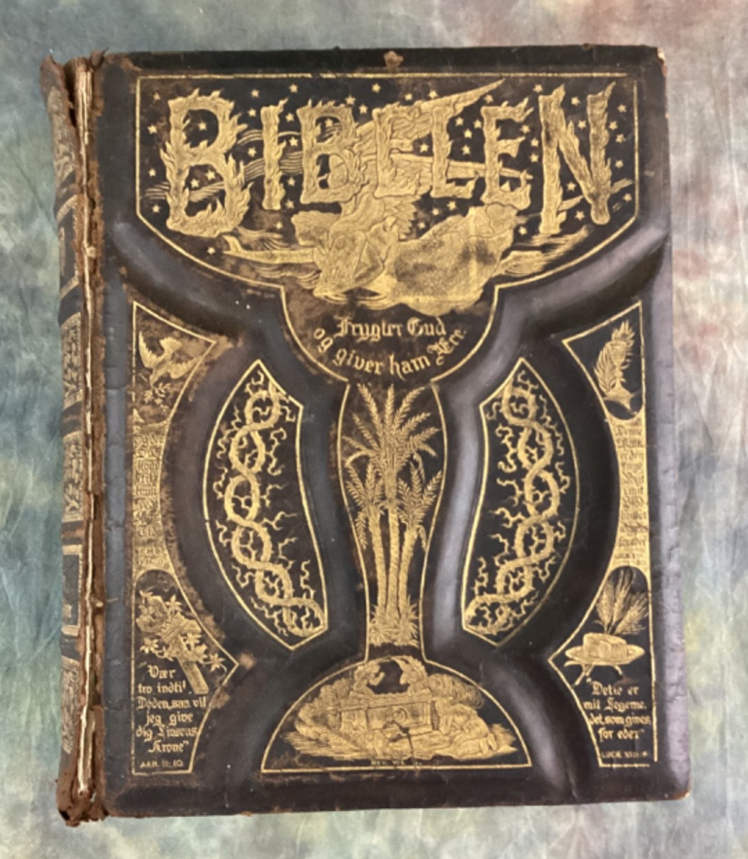 Antique Norwegian Bible Illustrated Family Photo Album Bibelen Leather Book 1890