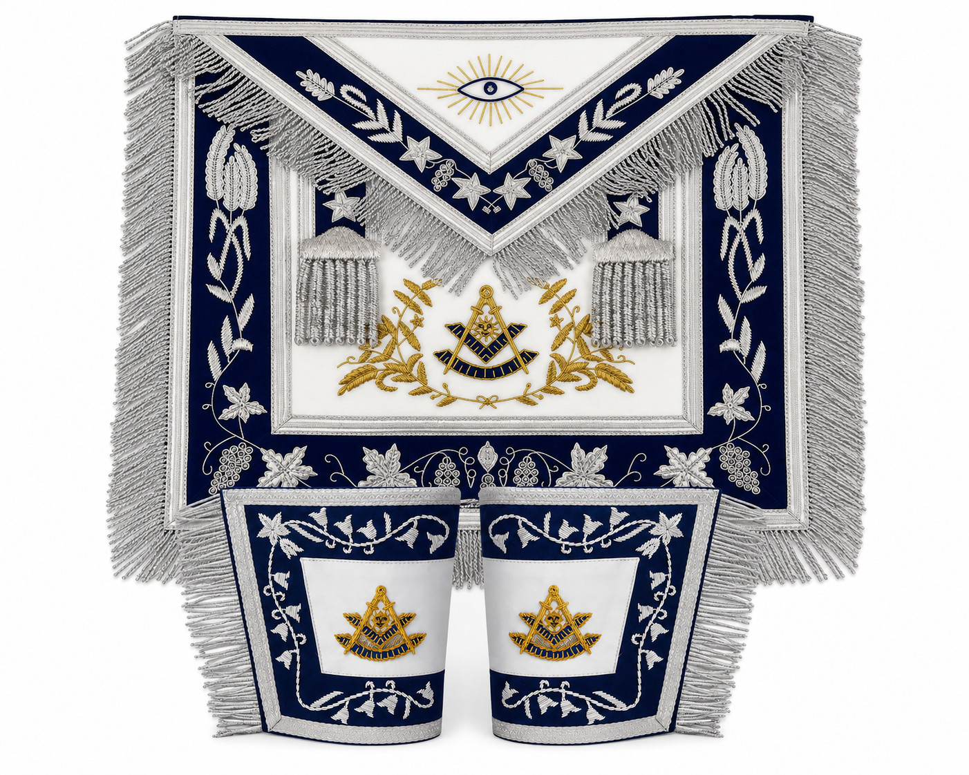 Past Master Blue Lodge Apron Cuff Set White Blue Hand Embroidered Masonic