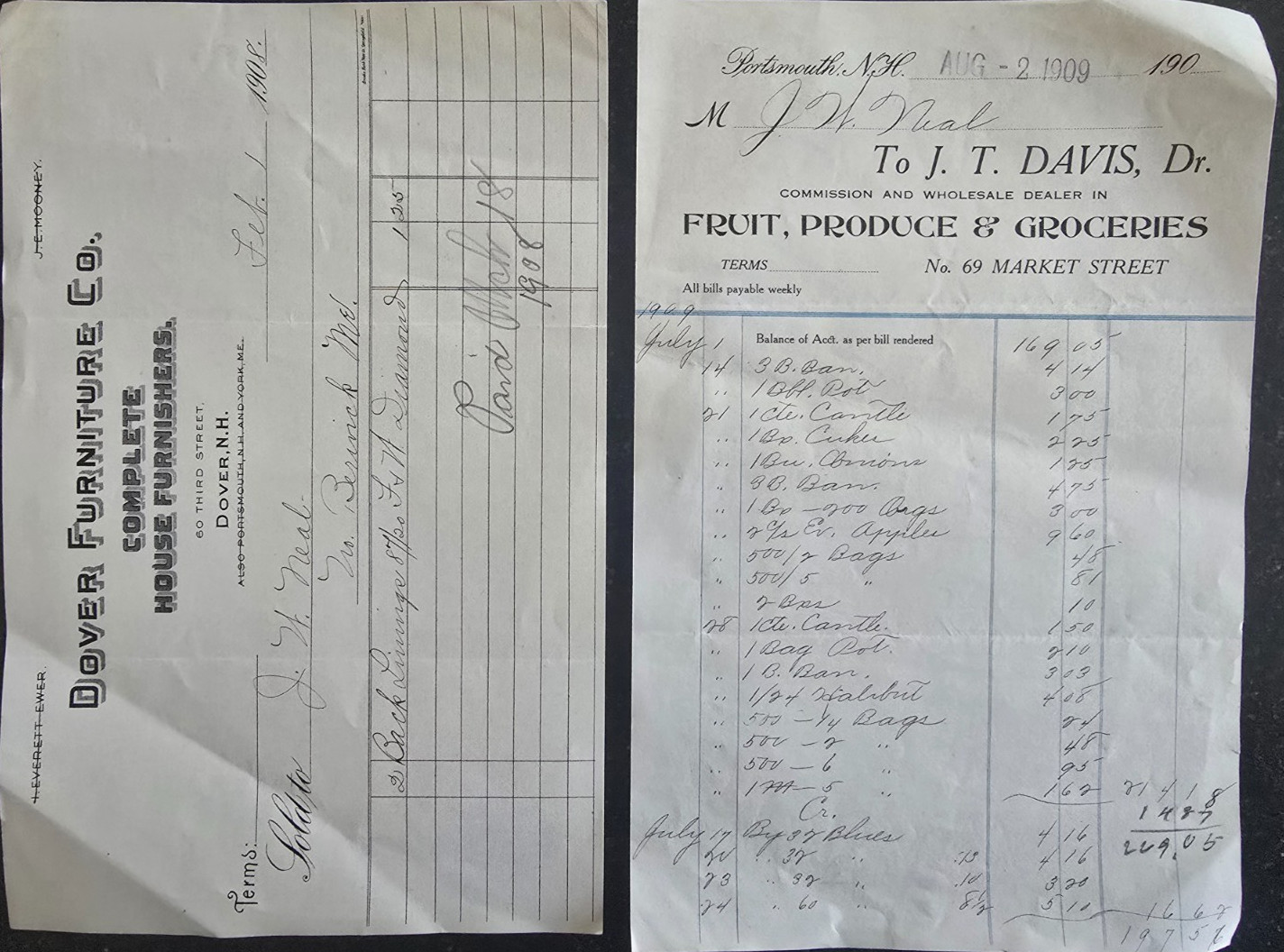 2 VTG Bill of Sale Letterhead Documents, New Hampshire, 1908 & 1909
