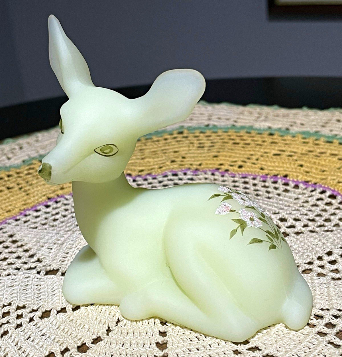 Vintage Rare Fenton Custard sugared Pink Blossom Uranium Glowing Deer