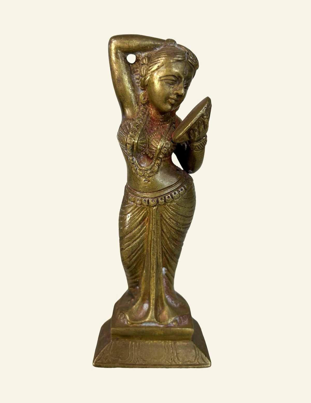 Vintage Heavy Brass Hindu Apsara Lady in Mirror Figurine 6.25”