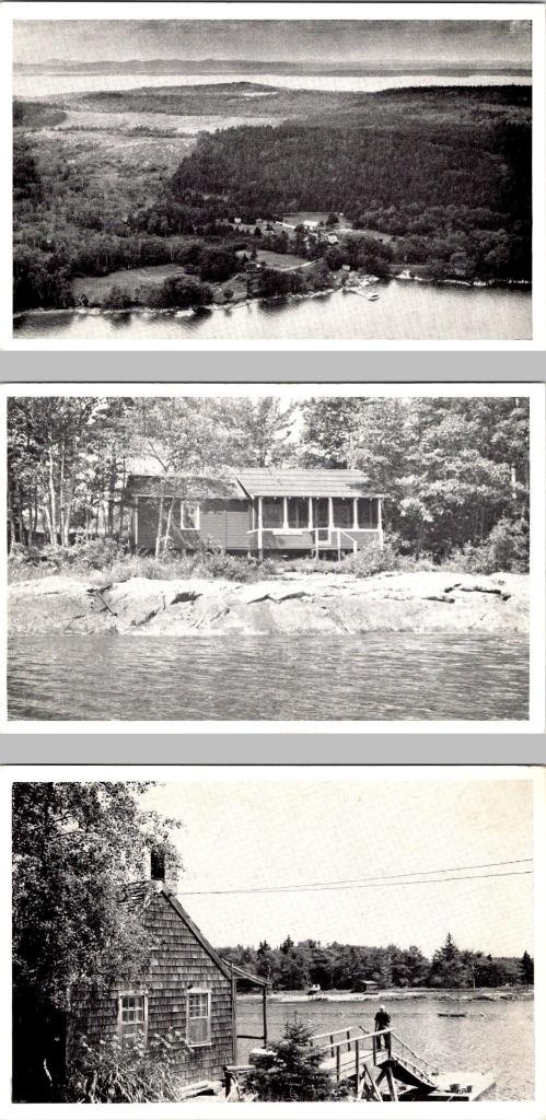 3~Postcards Cape Rosier, ME Maine HIRAM BLAKE CAMP Aerial~Cabin~Boat Landing
