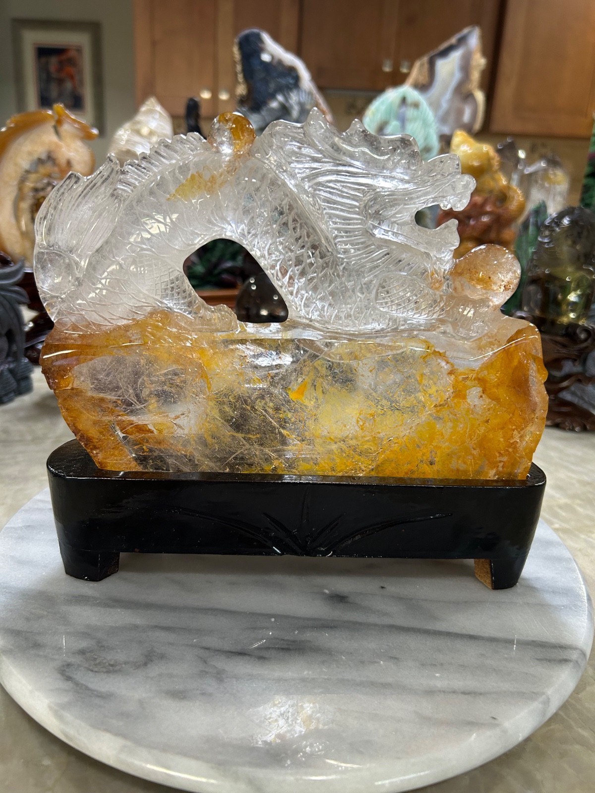 DRAGON Golden healer quartz Carving with custom wood stand