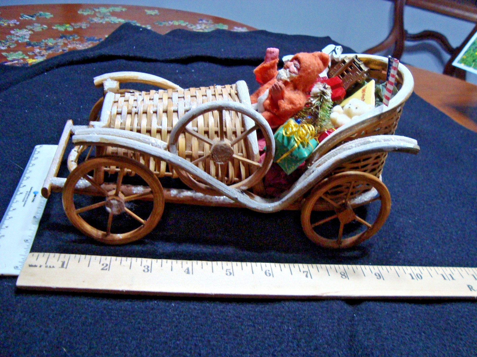 1920s Antique German SANTA Riding VINTAGE WICKER CAR W/TOYS EC