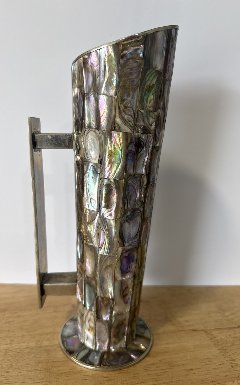 Vintage L.H.G. Abalone Shell Inlay 10” Pitcher  Alpaca Mexico MCM