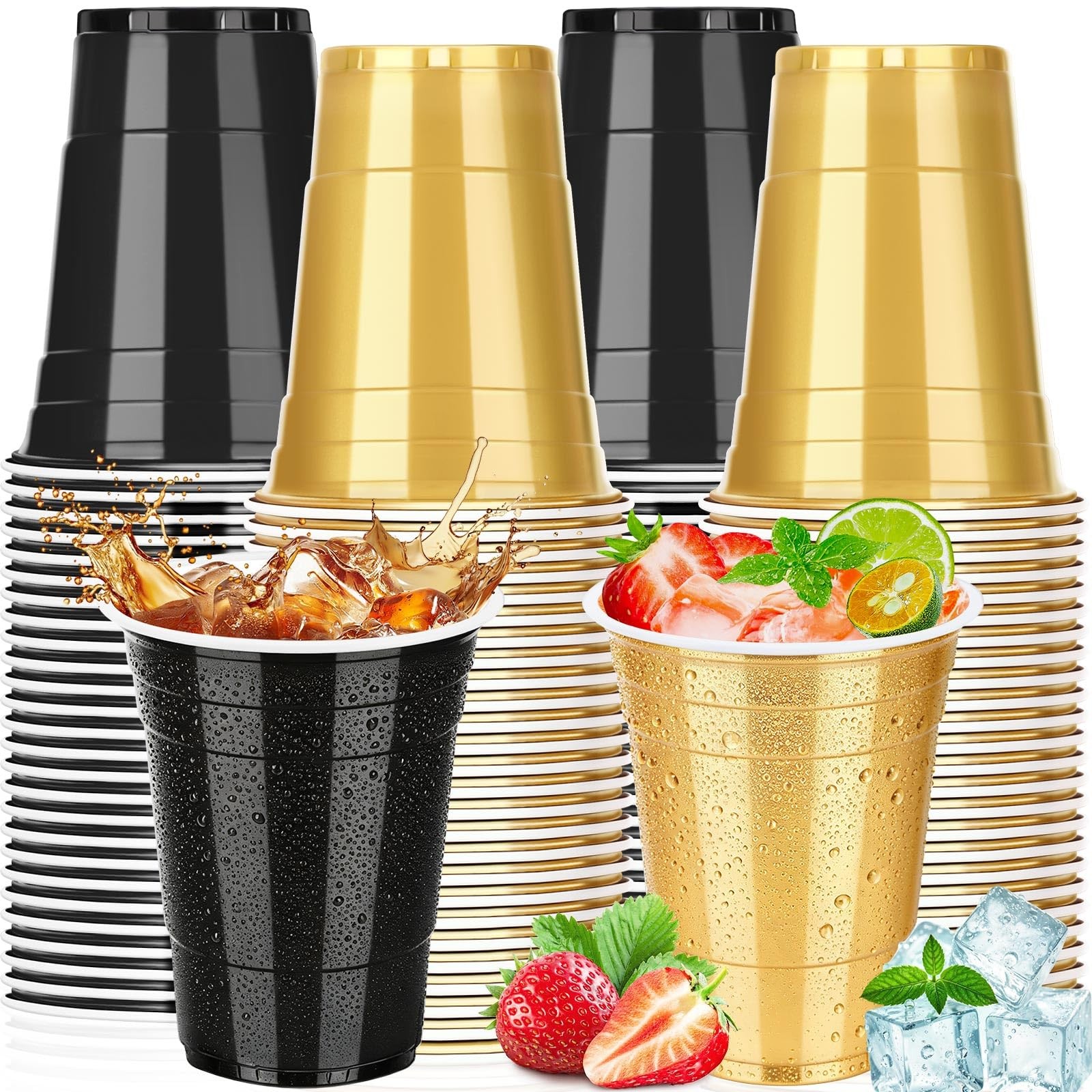leeauszya 100 Pack 16 oz Black and Gold Cups, Heavy 100 Pack, & leeauszya 100 Pack 16 oz Black and Gold Cups, Heavy 100 Pack, &