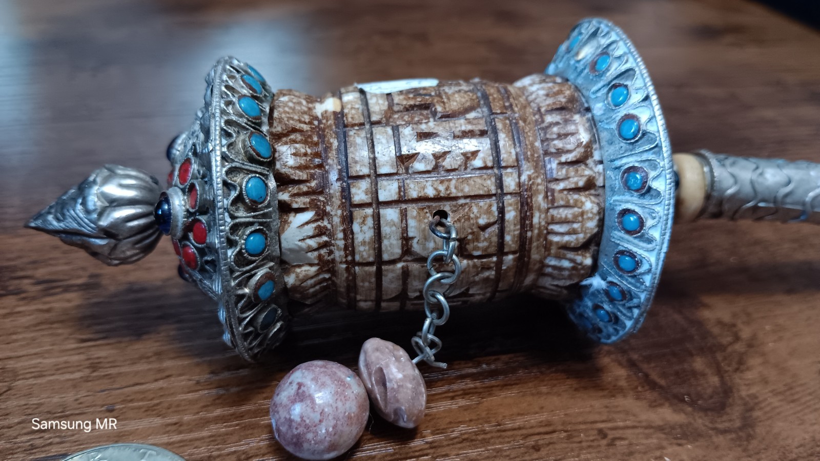 7.5 Inch Antique Handheld Silver, Bone, Wood Handle Prayer Wheel 7.5 Inch Antique Handheld Silver, Bone, Wood Handle Prayer Wheel